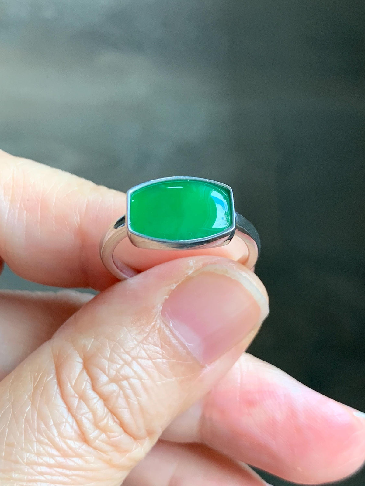 Certified Natural Grade A Guatemalan Icy Translucent Vibrant Green Jade Jadeite Ring Sterling Silver 3.56g size 7.25 US 天然冰危绿翡翠镶嵌戒指 1035