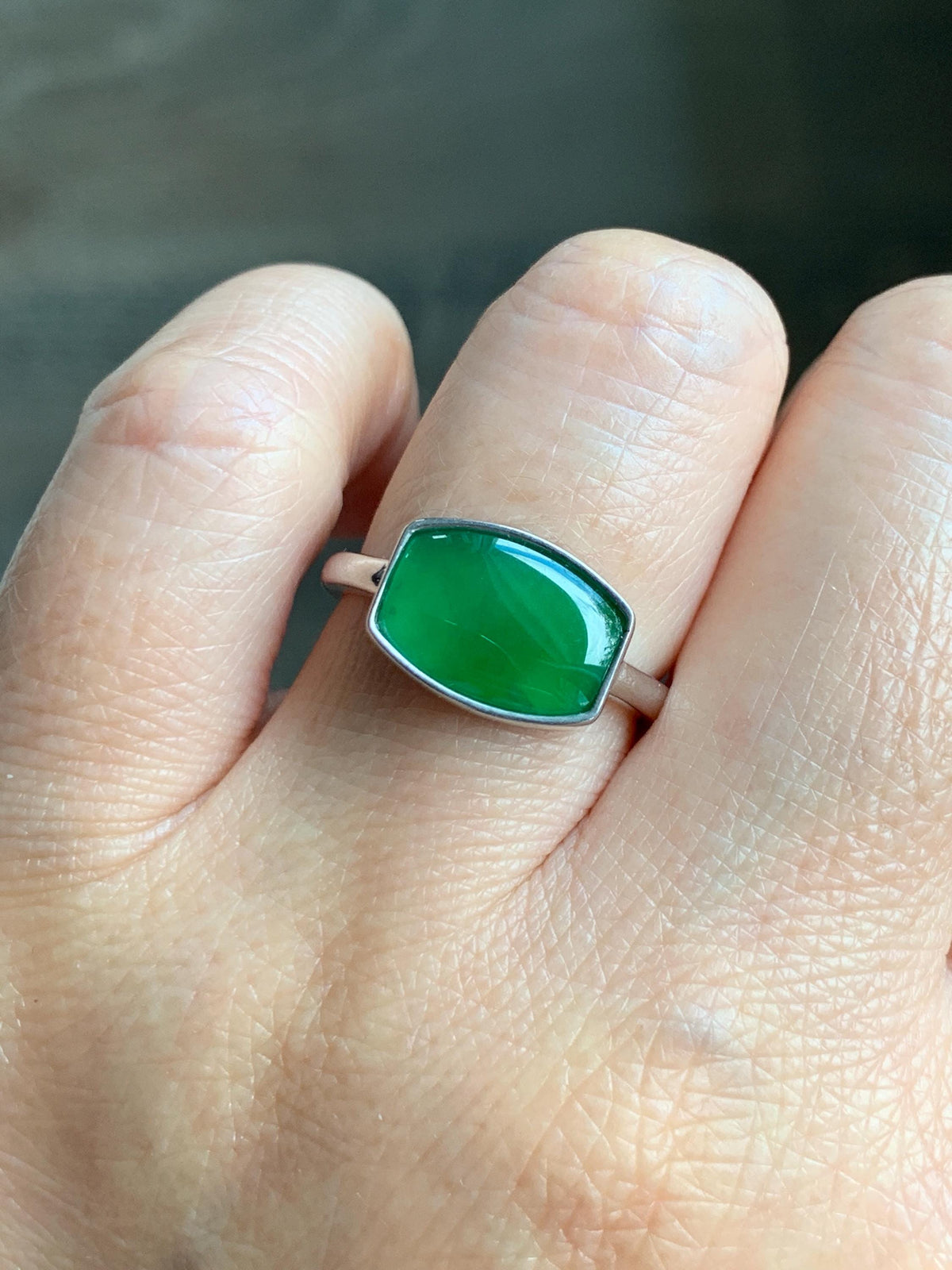 Certified Natural Grade A Guatemalan Icy Translucent Vibrant Green Jade Jadeite Ring Sterling Silver 3.56g size 7.25 US 天然冰危绿翡翠镶嵌戒指 1035