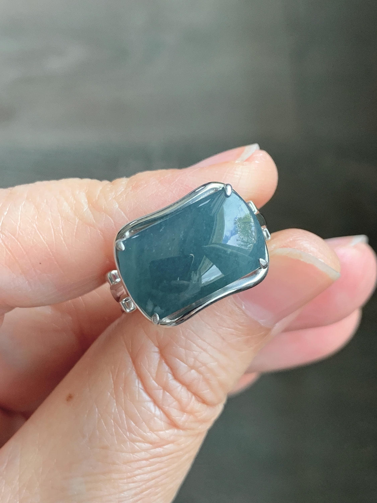 Certified Natural Grade A Guatemalan Icy Dusty Blueberry Blue Jade Jadeite Saddle Ring Sterling Silver Size 7.5 US 7.9g 天然冰危蓝莓翡翠马鞍戒指 1040