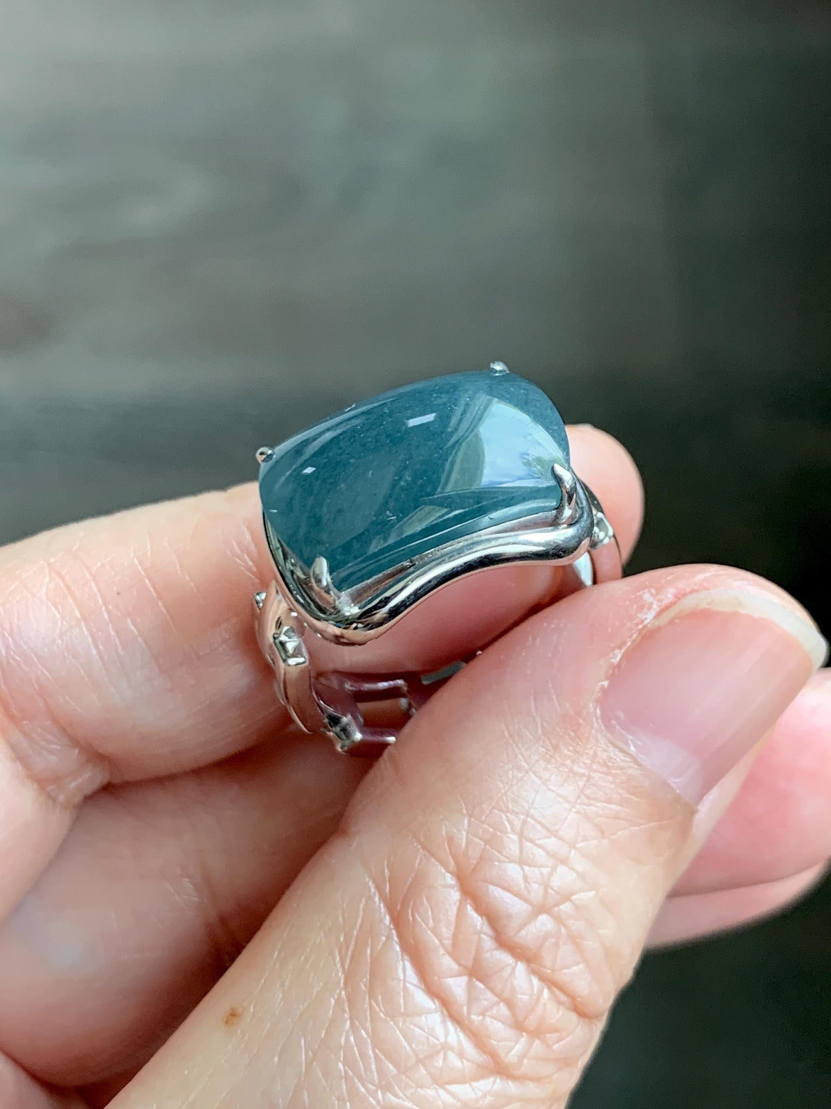 Certified Natural Grade A Guatemalan Icy Dusty Blueberry Blue Jade Jadeite Saddle Ring Sterling Silver Size 7.5 US 7.9g 天然冰危蓝莓翡翠马鞍戒指 1040