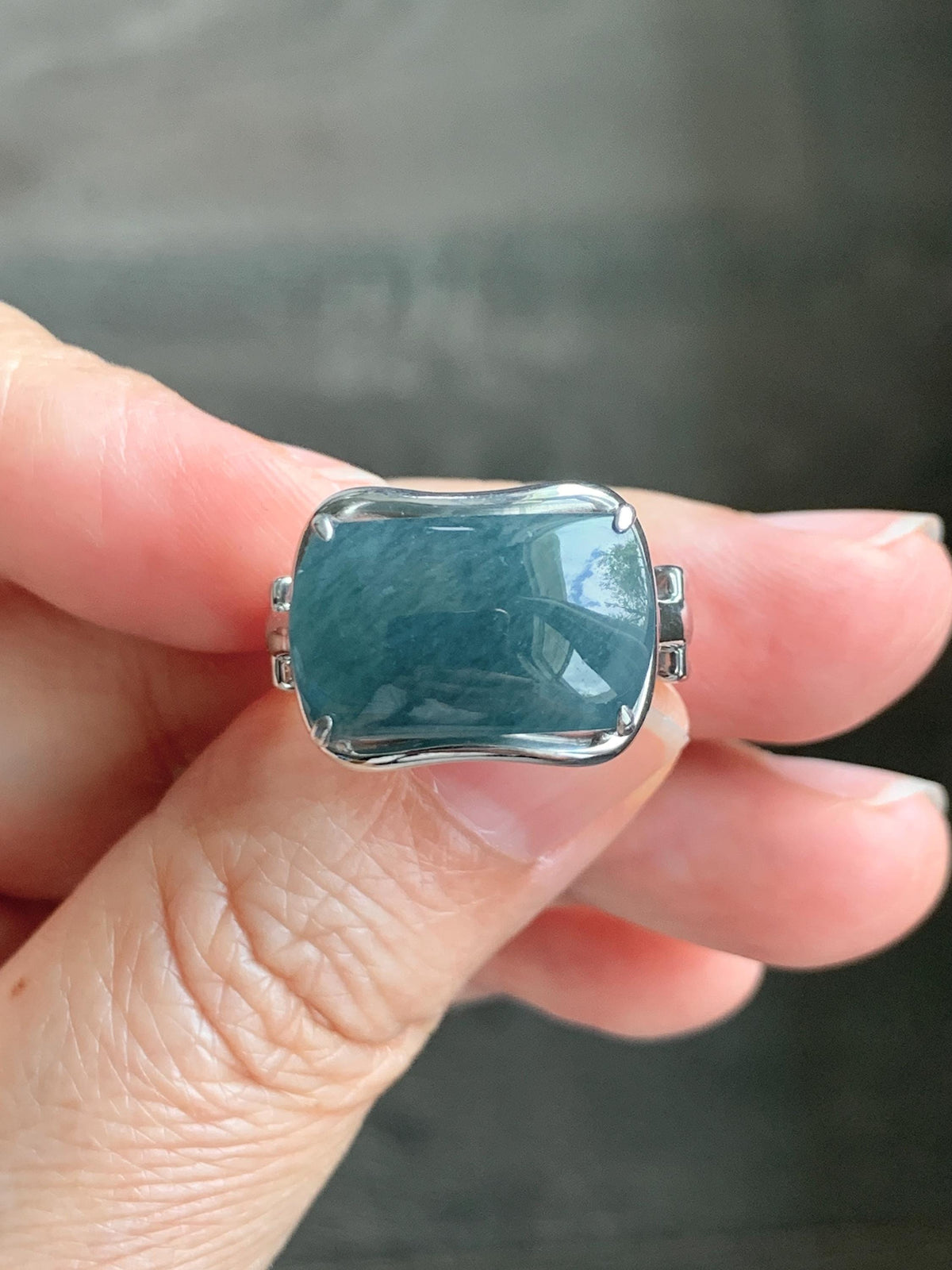 Certified Natural Grade A Guatemalan Icy Dusty Blueberry Blue Jade Jadeite Saddle Ring Sterling Silver Size 7.5 US 7.9g 天然冰危蓝莓翡翠马鞍戒指 1040