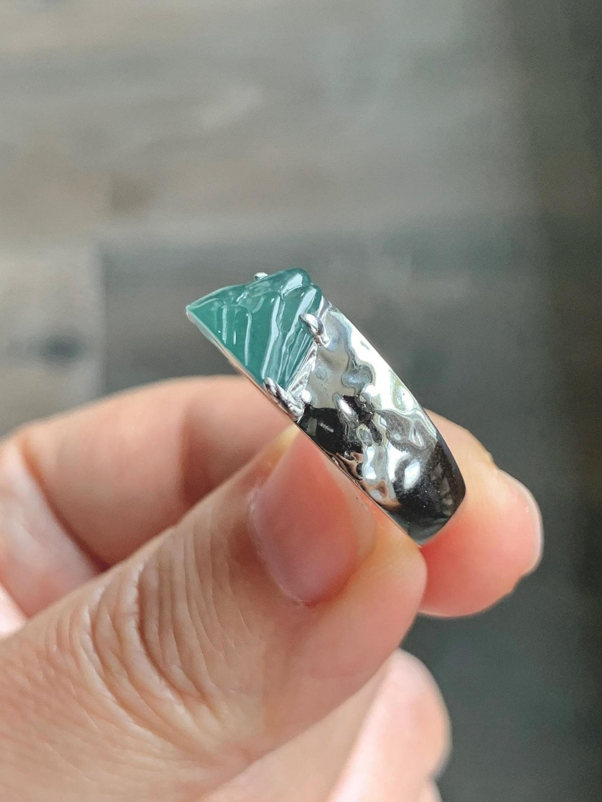 Certified Natural Grade A Guatemalan Icy Teal Green Jade Jadeite Shan Shui Band Ring Sterling Silver Size 7.25 US 7.4g 天然冰危晴绿翡翠山水戒指 1034