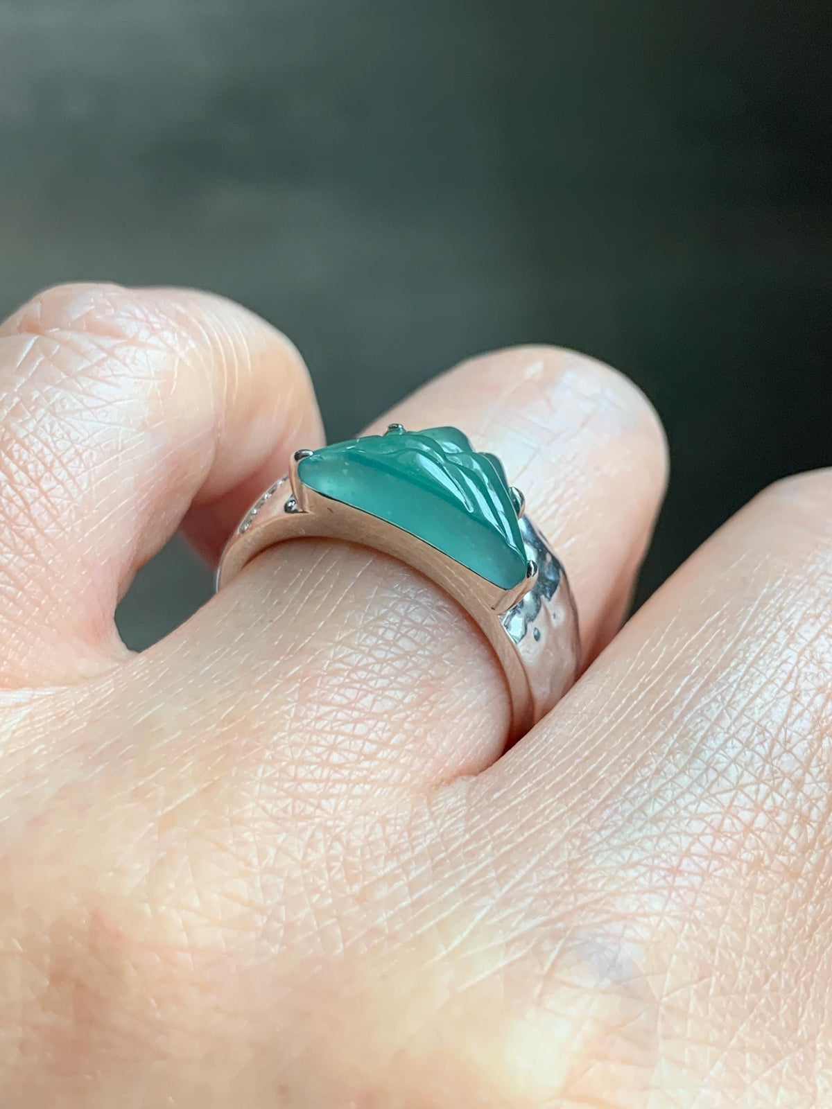 Certified Natural Grade A Guatemalan Icy Teal Green Jade Jadeite Shan Shui Band Ring Sterling Silver Size 7.25 US 7.4g 天然冰危晴绿翡翠山水戒指 1034