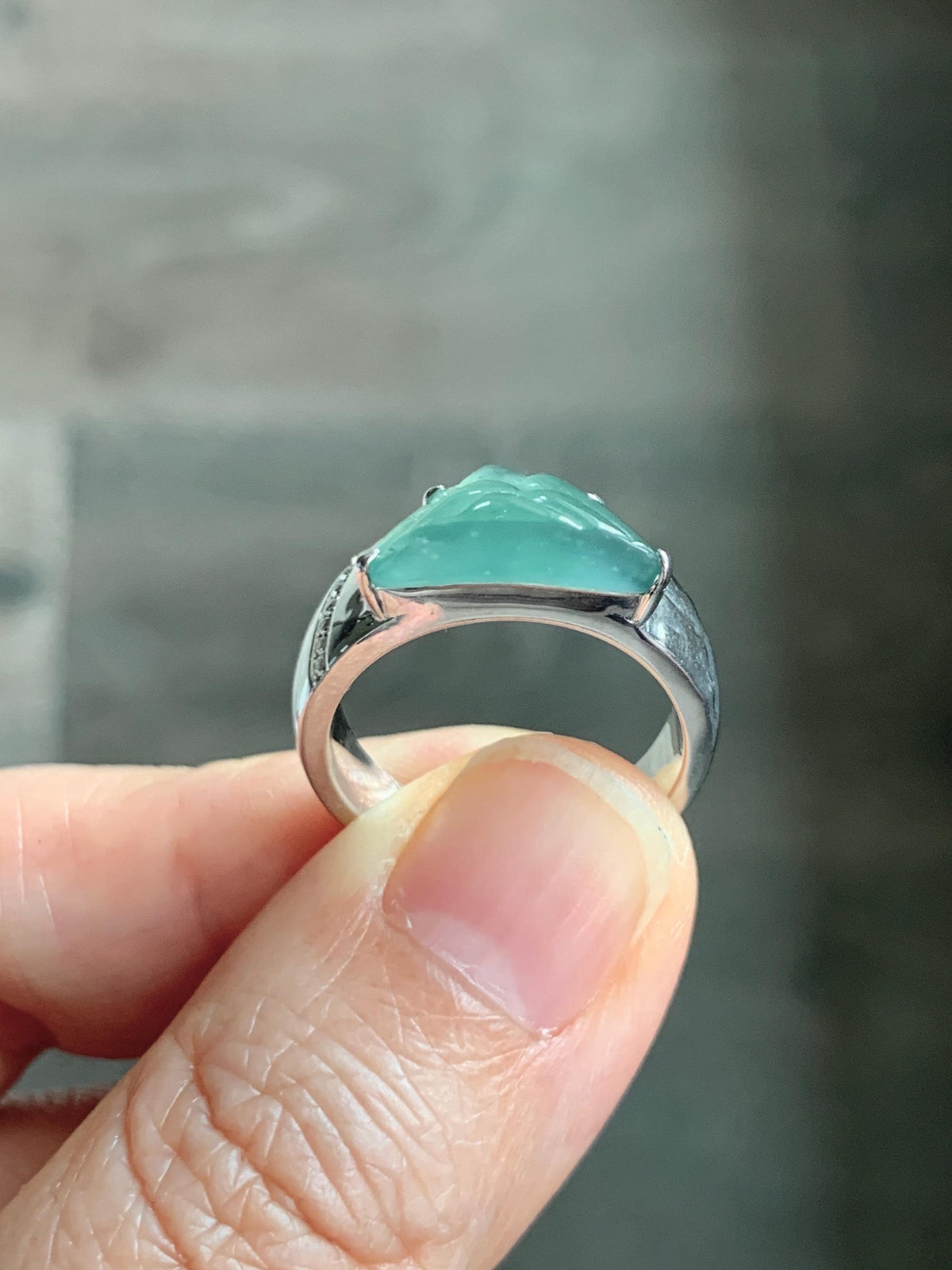 Certified Natural Grade A Guatemalan Icy Teal Green Jade Jadeite Shan Shui Band Ring Sterling Silver Size 7.25 US 7.4g 天然冰危晴绿翡翠山水戒指 1034
