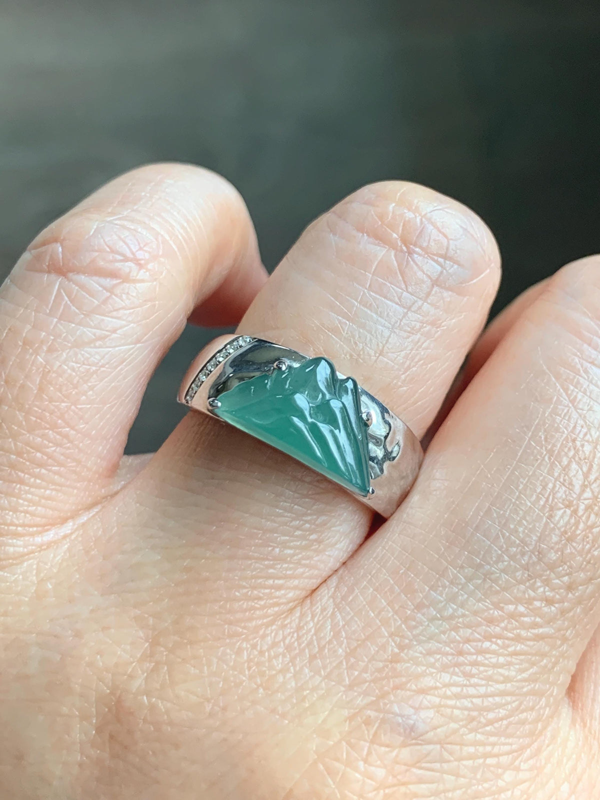 Certified Natural Grade A Guatemalan Icy Teal Green Jade Jadeite Shan Shui Band Ring Sterling Silver Size 7.25 US 7.4g 天然冰危晴绿翡翠山水戒指 1034