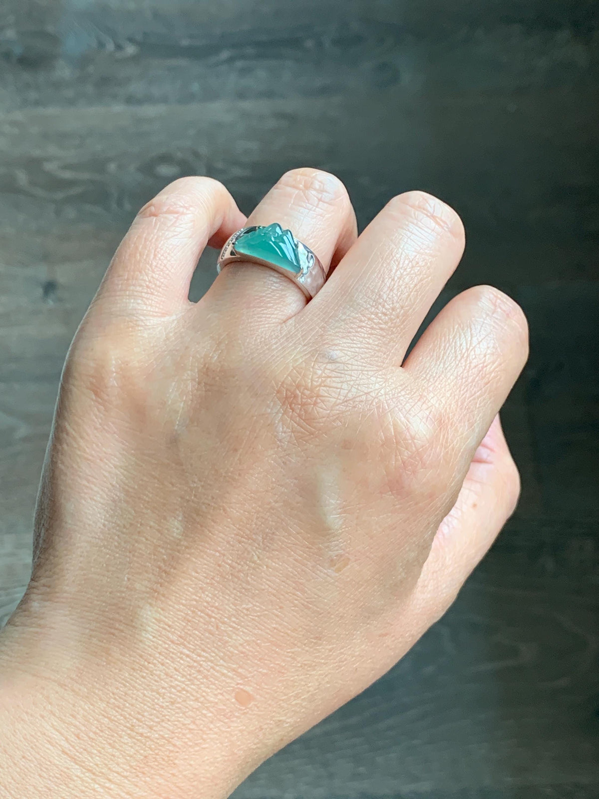 Certified Natural Grade A Guatemalan Icy Teal Green Jade Jadeite Shan Shui Band Ring Sterling Silver Size 7.25 US 7.4g 天然冰危晴绿翡翠山水戒指 1034