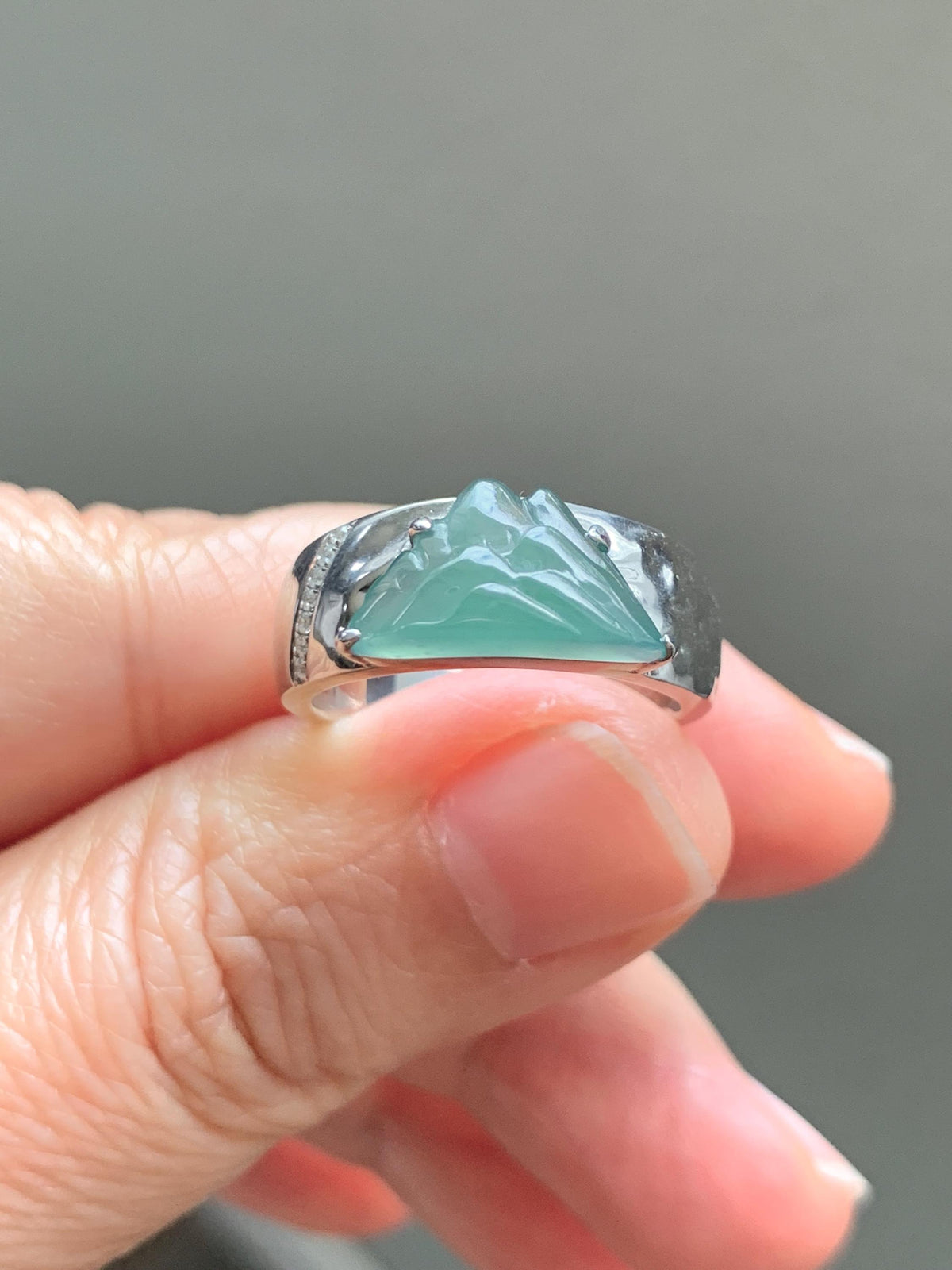Certified Natural Grade A Guatemalan Icy Teal Green Jade Jadeite Shan Shui Band Ring Sterling Silver Size 7.25 US 7.4g 天然冰危晴绿翡翠山水戒指 1034