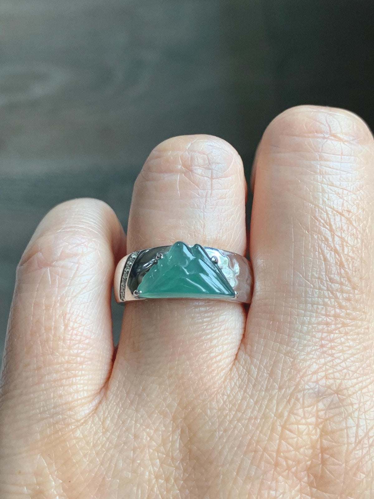 Certified Natural Grade A Guatemalan Icy Teal Green Jade Jadeite Shan Shui Band Ring Sterling Silver Size 7.25 US 7.4g 天然冰危晴绿翡翠山水戒指 1034