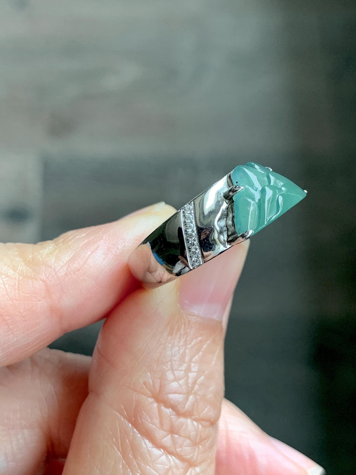 Certified Natural Grade A Guatemalan Icy Teal Green Jade Jadeite Shan Shui Band Ring Sterling Silver Size 7.25 US 7.4g 天然冰危晴绿翡翠山水戒指 1034