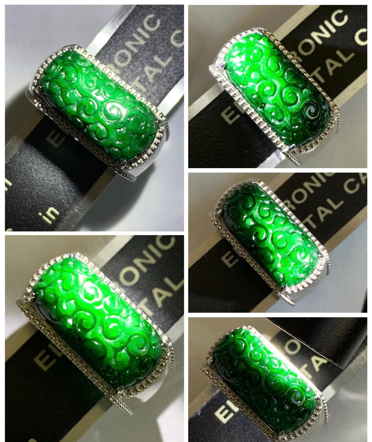 Certified Natural Grade A Icy Intense Green Jade Jadeite Engraved Saddle Band Ring Size 7.25 US 10.7g 天然深绿花青翡翠仿古雕马鞍戒指 1019