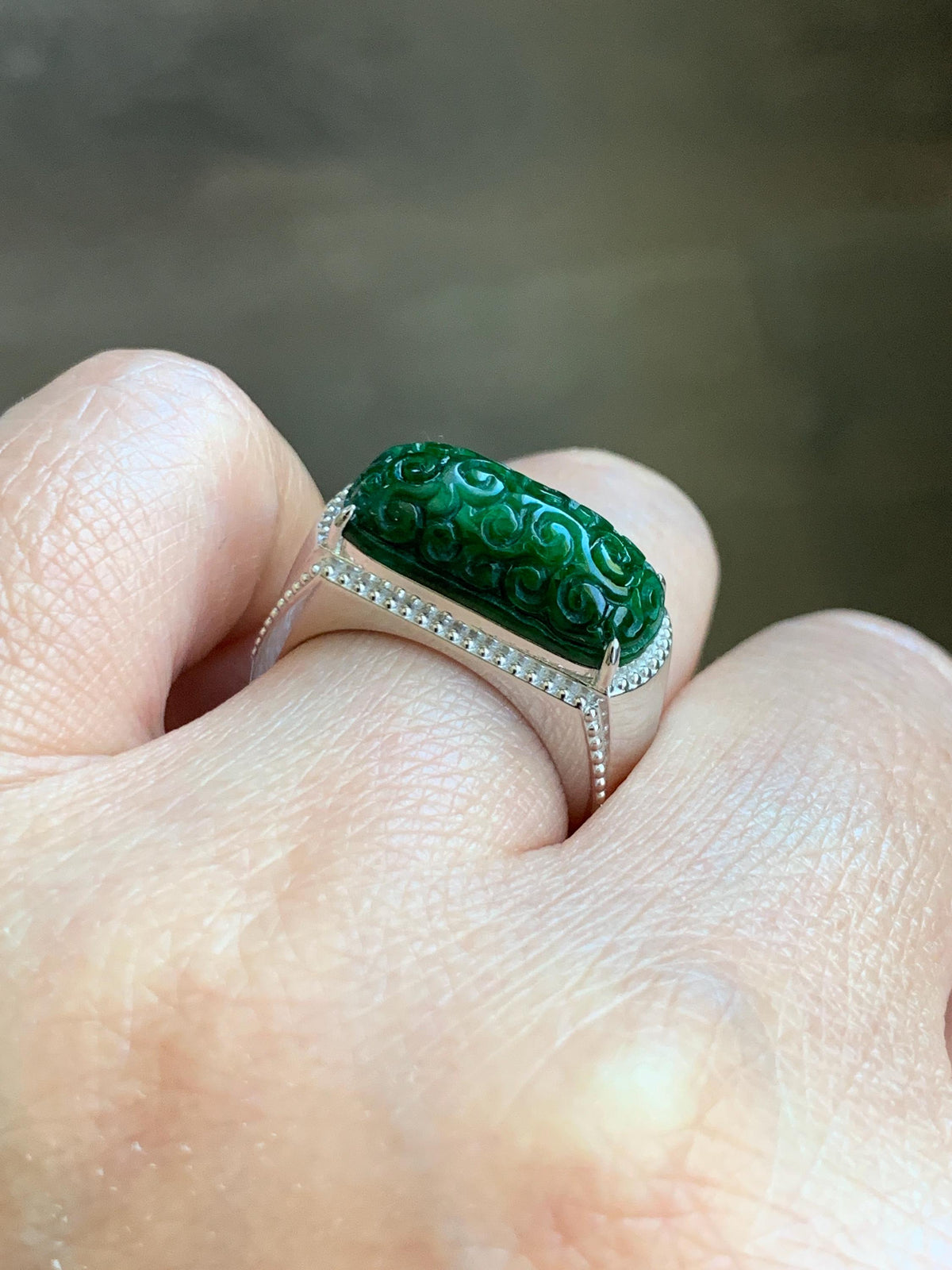 Certified Natural Grade A Icy Intense Green Jade Jadeite Engraved Saddle Band Ring Size 7.25 US 10.7g 天然深绿花青翡翠仿古雕马鞍戒指 1019
