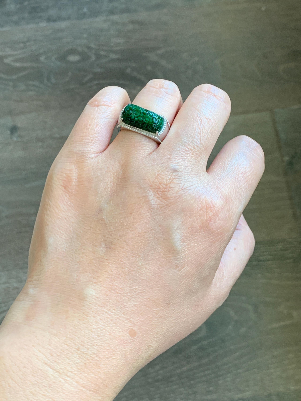 Certified Natural Grade A Icy Intense Green Jade Jadeite Engraved Saddle Band Ring Size 7.25 US 10.7g 天然深绿花青翡翠仿古雕马鞍戒指 1019