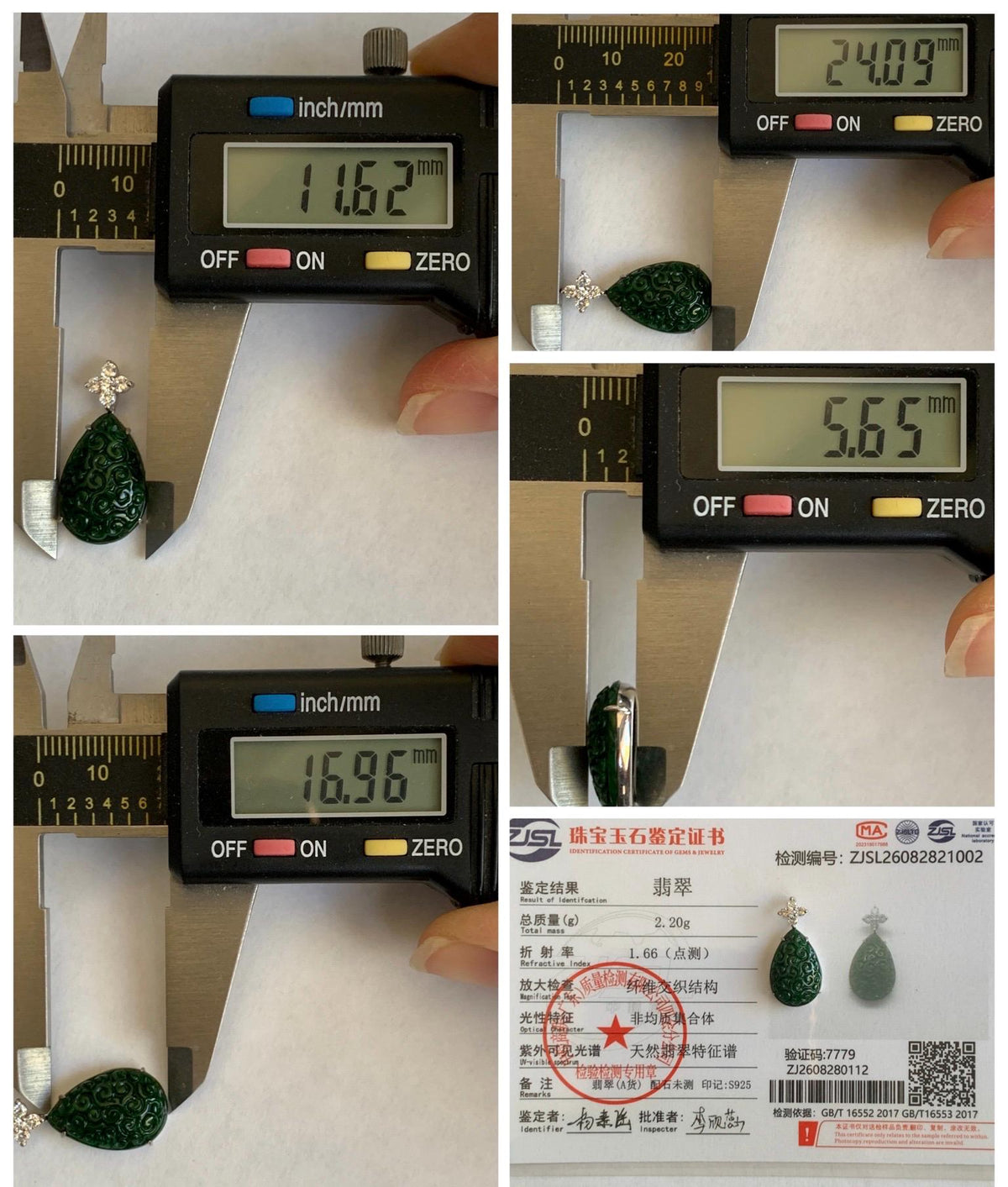 Certified Natural Grade A Intense Green Jade Jadeite Engraved Teardrop Pendant Sterling Silver Moissanite 2.2g 天然满绿花青翡翠仿古雕水滴吊坠 1002