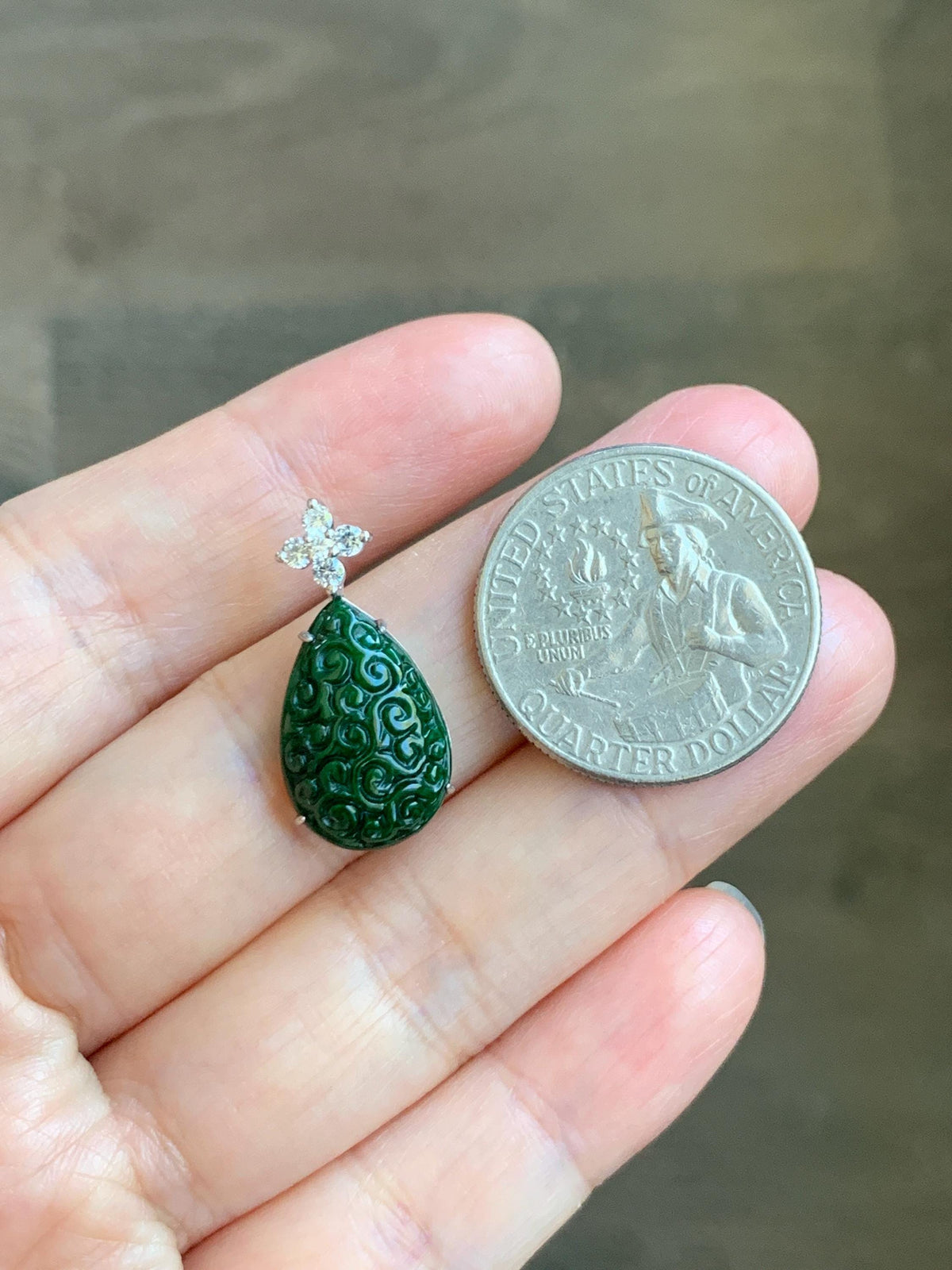 Certified Natural Grade A Intense Green Jade Jadeite Engraved Teardrop Pendant Sterling Silver Moissanite 2.2g 天然满绿花青翡翠仿古雕水滴吊坠 1002