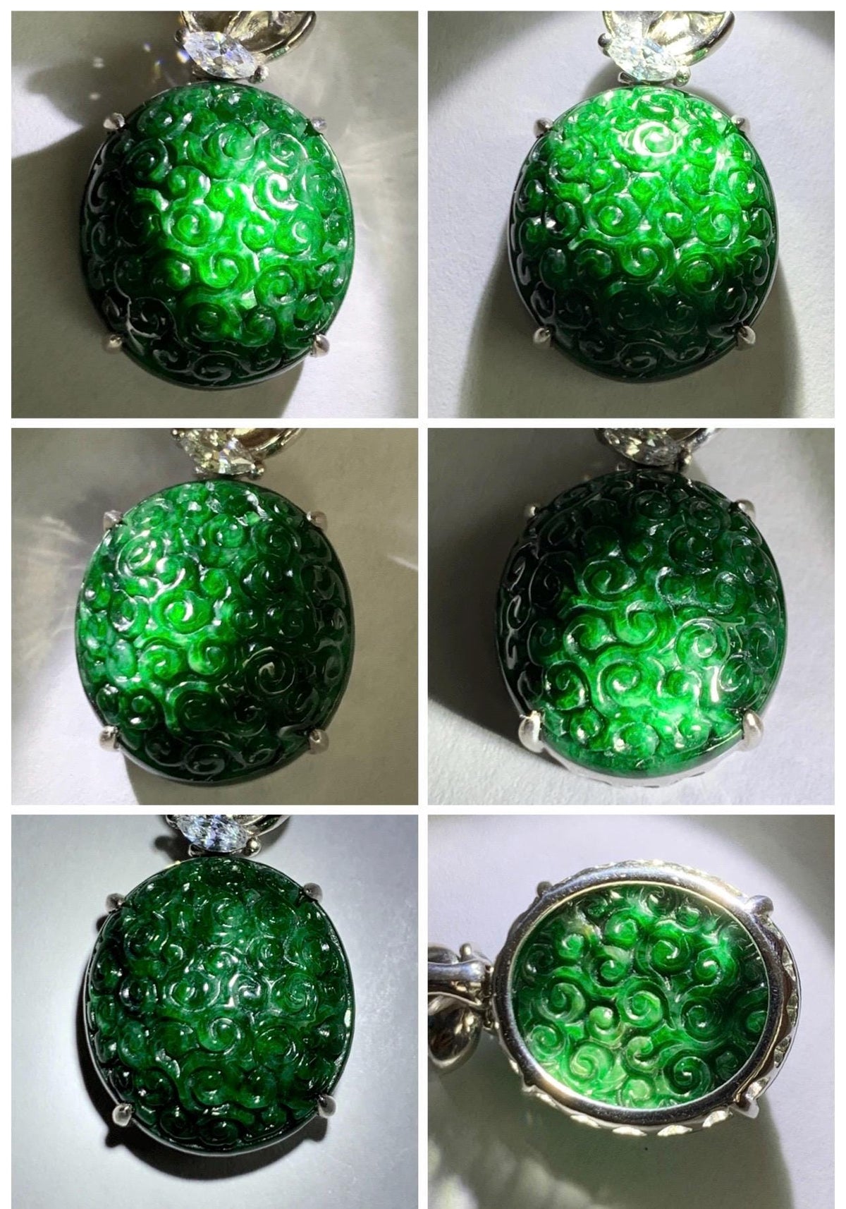 Certified Natural Grade A Intense Green Jade Jadeite Engraved Oval Pendant Sterling Silver Moissanite 6.11g 天然满绿花青翡翠仿古雕椭圆吊坠 999