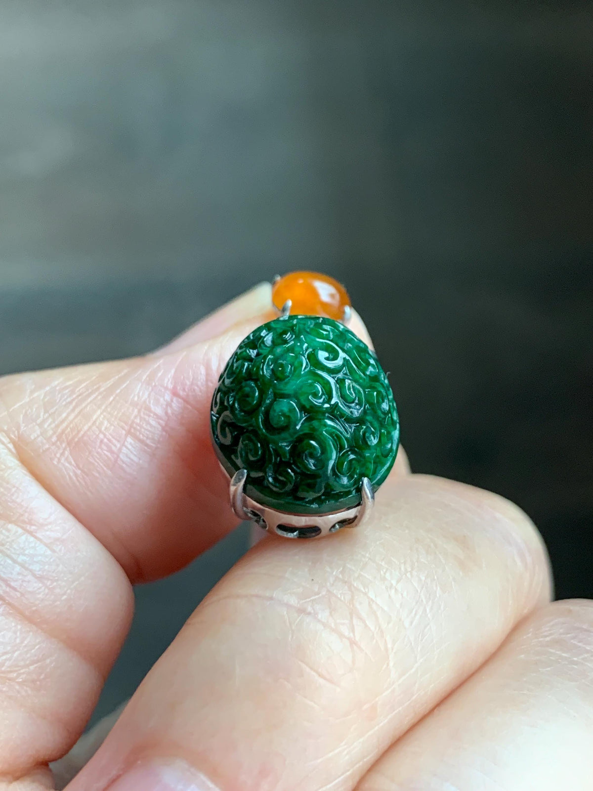 Certified Natural Grade A Icy Golden Yellow & Intense Green Jade Jadeite Engraved Oval Pendant Sterling Silver 4.37g 天然满绿花青翡翠黄翡顶珠仿古雕椭圆吊坠 998