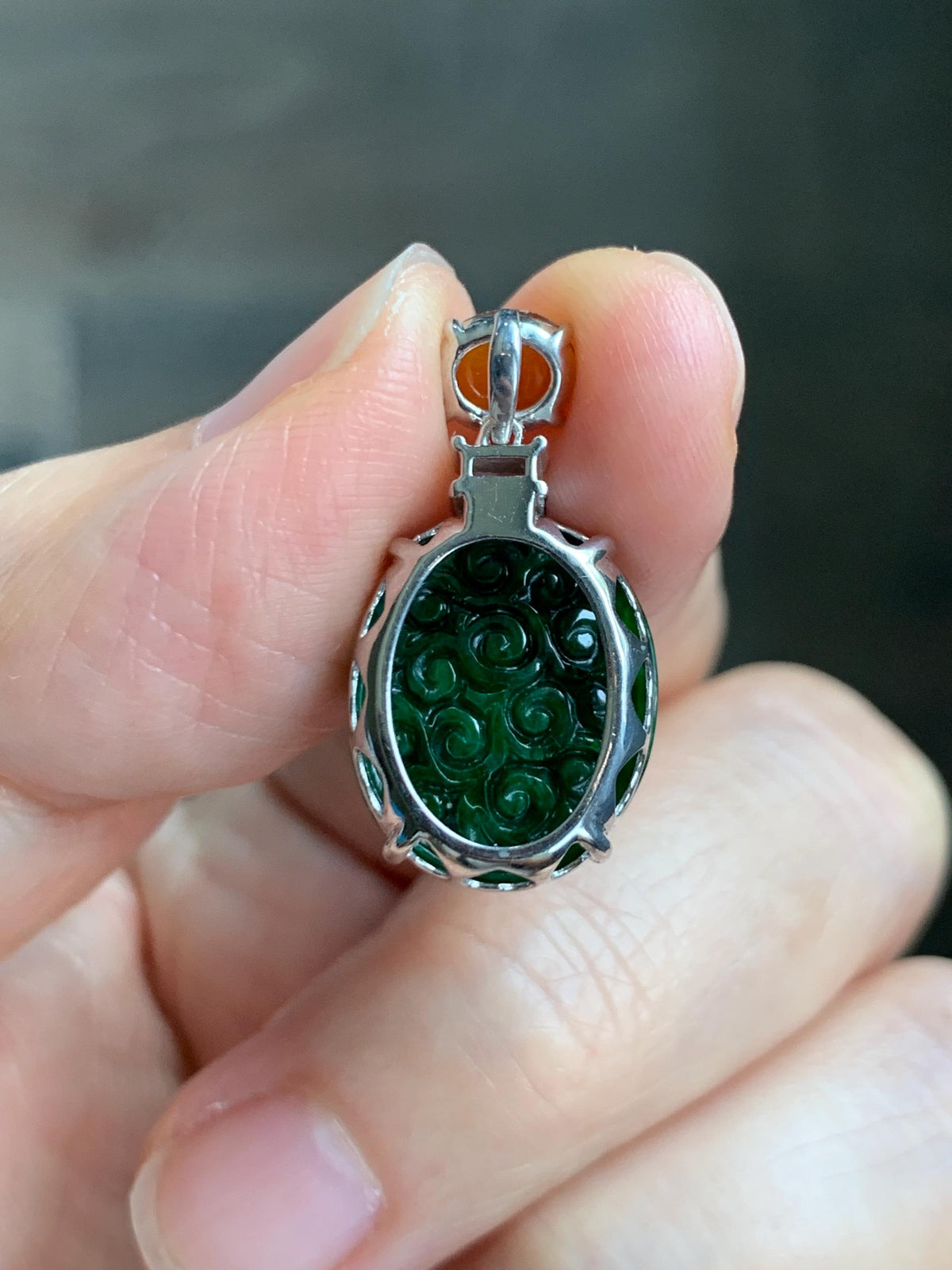 Certified Natural Grade A Icy Golden Yellow & Intense Green Jade Jadeite Engraved Oval Pendant Sterling Silver 4.37g 天然满绿花青翡翠黄翡顶珠仿古雕椭圆吊坠 998