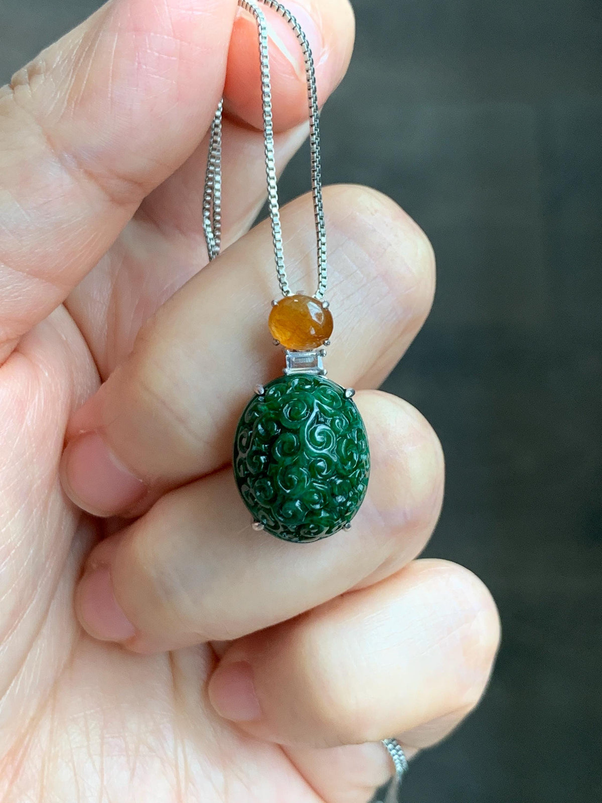 Certified Natural Grade A Icy Golden Yellow & Intense Green Jade Jadeite Engraved Oval Pendant Sterling Silver 4.37g 天然满绿花青翡翠黄翡顶珠仿古雕椭圆吊坠 998