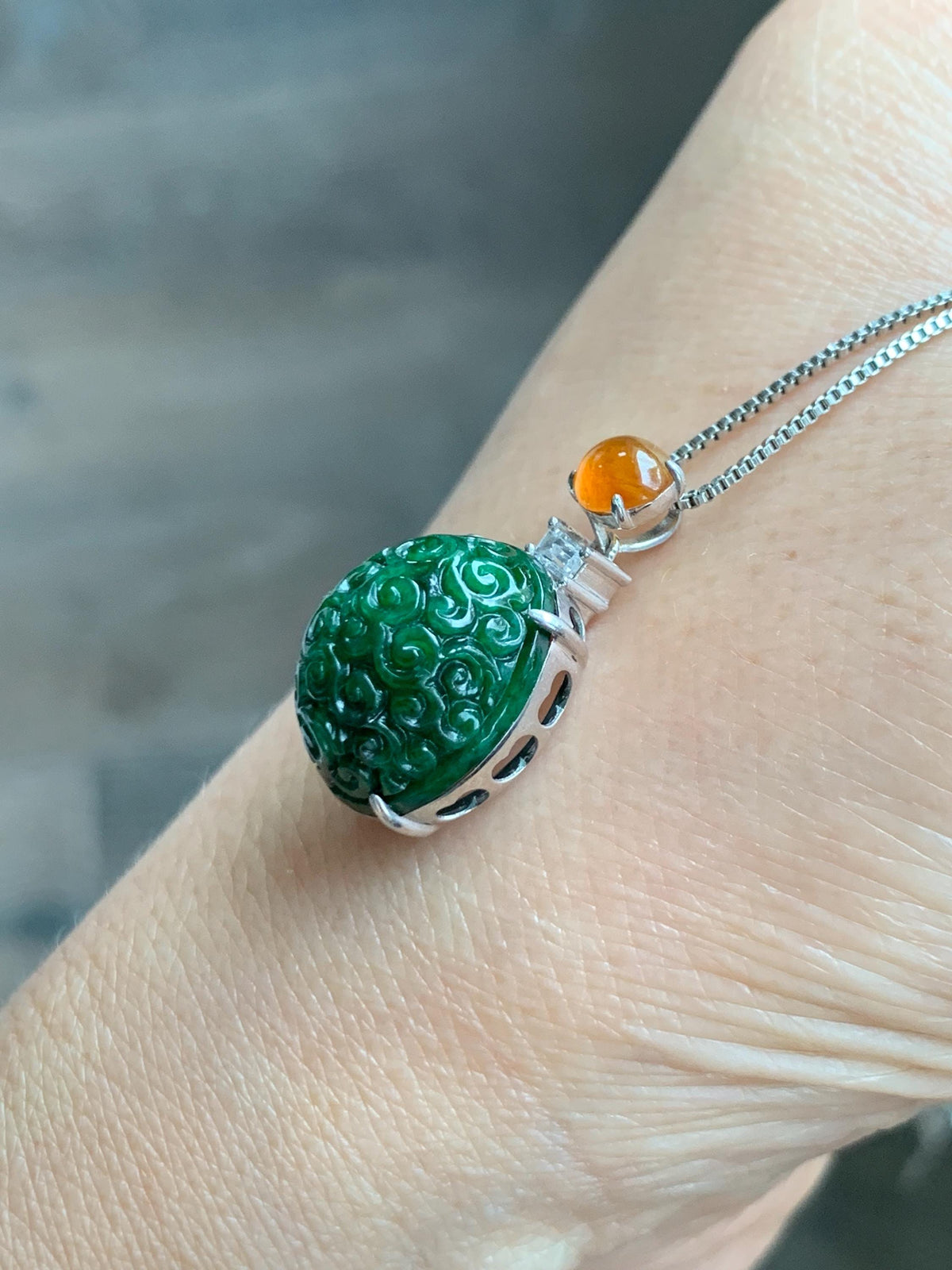 Certified Natural Grade A Icy Golden Yellow & Intense Green Jade Jadeite Engraved Oval Pendant Sterling Silver 4.37g 天然满绿花青翡翠黄翡顶珠仿古雕椭圆吊坠 998