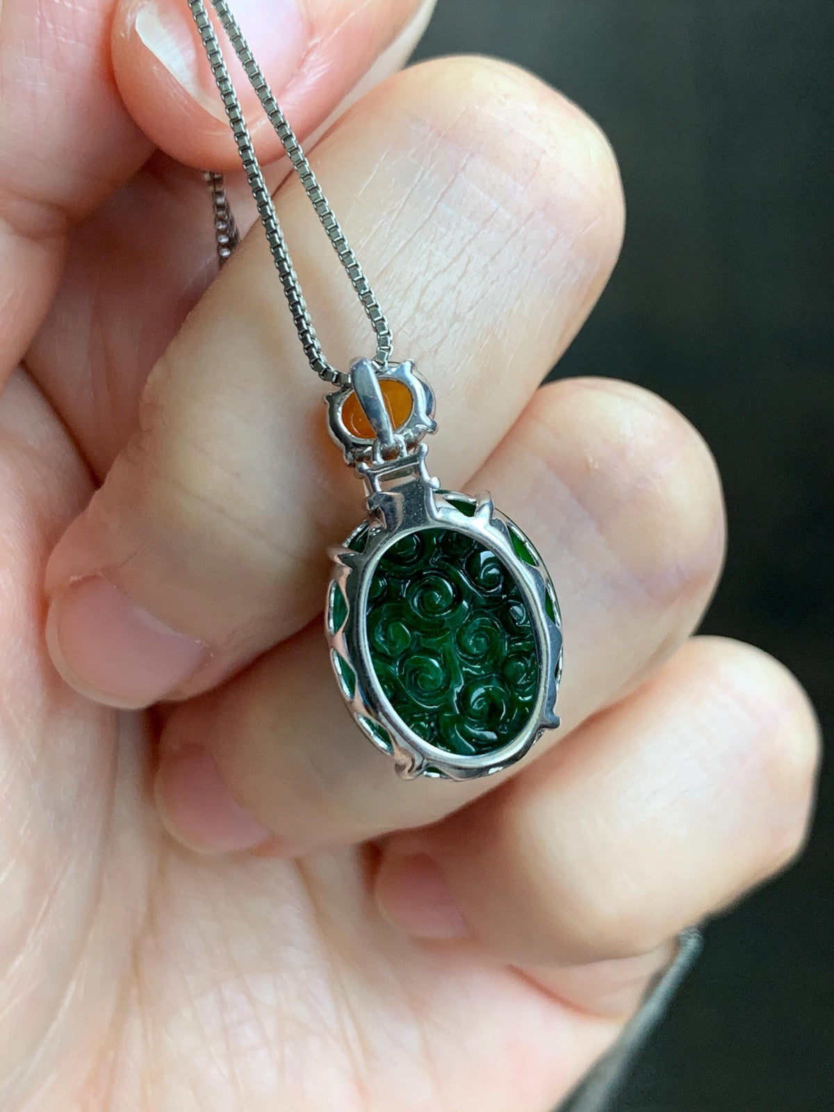 Certified Natural Grade A Icy Golden Yellow & Intense Green Jade Jadeite Engraved Oval Pendant Sterling Silver 4.37g 天然满绿花青翡翠黄翡顶珠仿古雕椭圆吊坠 998