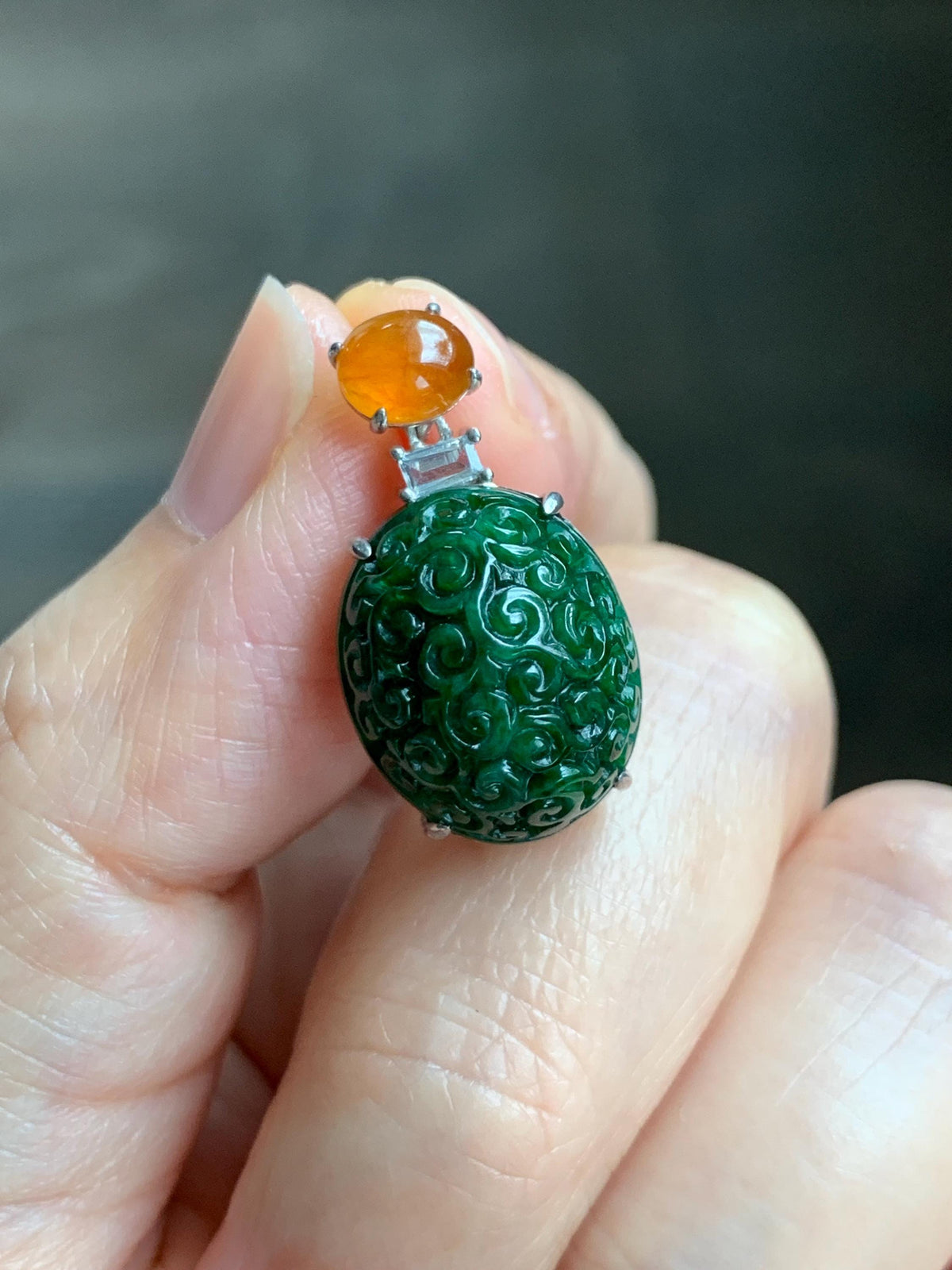 Certified Natural Grade A Icy Golden Yellow & Intense Green Jade Jadeite Engraved Oval Pendant Sterling Silver 4.37g 天然满绿花青翡翠黄翡顶珠仿古雕椭圆吊坠 998