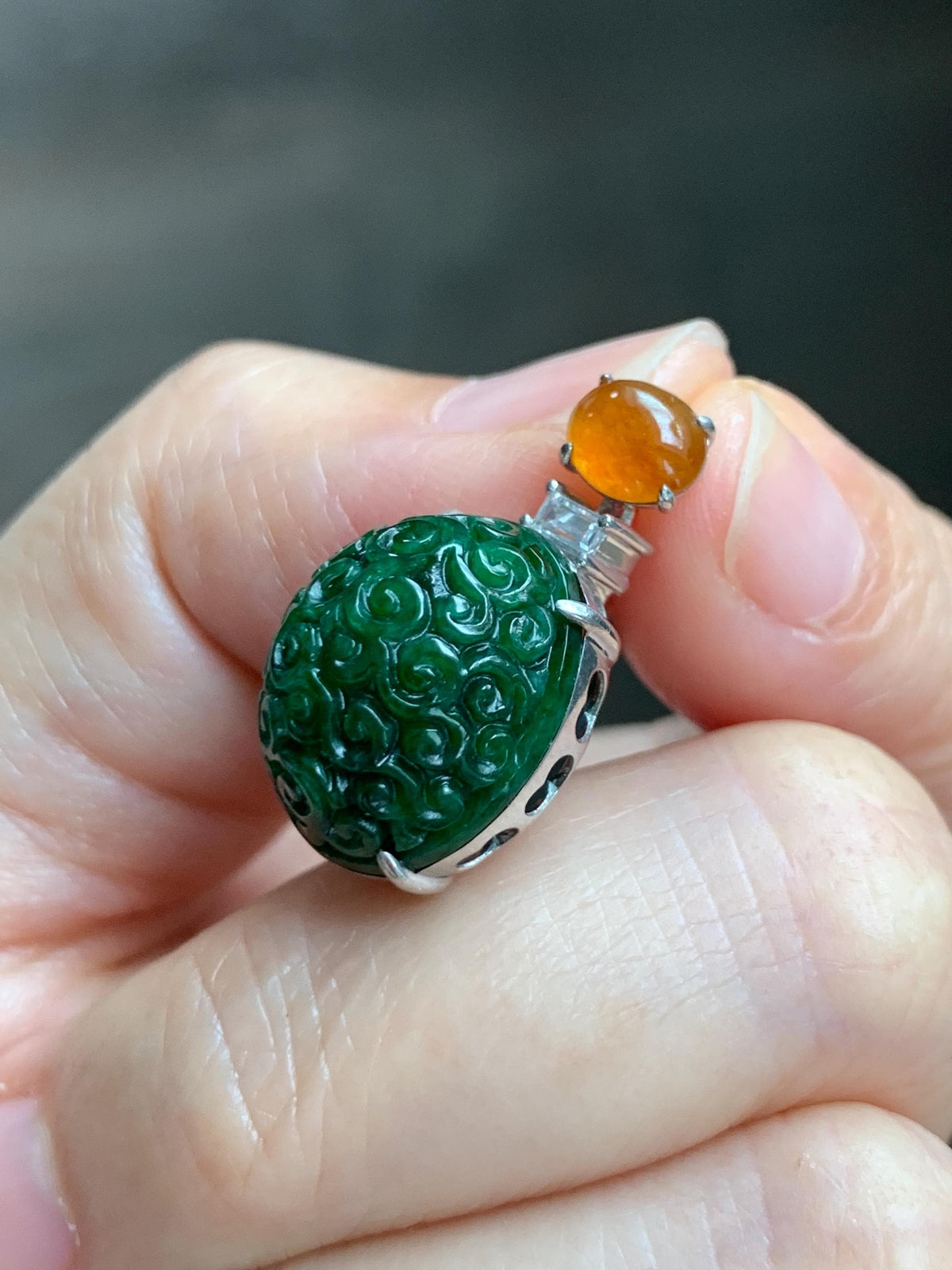 Certified Natural Grade A Icy Golden Yellow & Intense Green Jade Jadeite Engraved Oval Pendant Sterling Silver 4.37g 天然满绿花青翡翠黄翡顶珠仿古雕椭圆吊坠 998