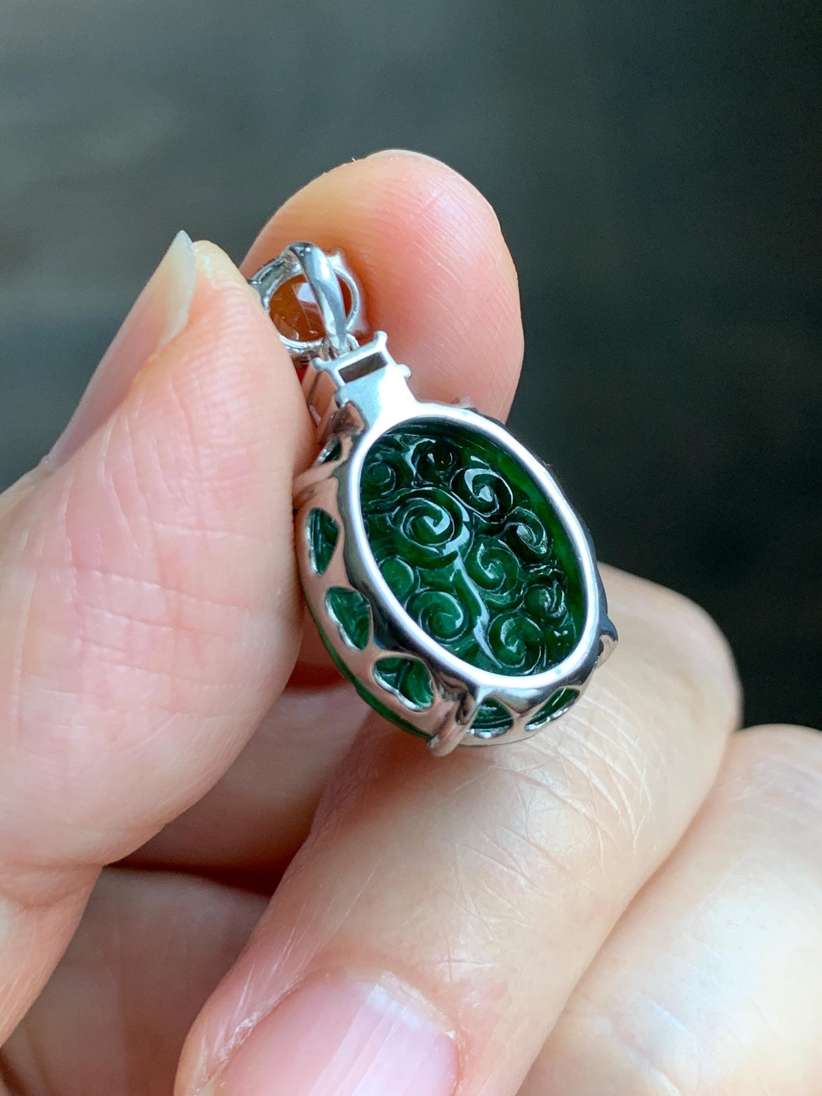 Certified Natural Grade A Icy Golden Yellow & Intense Green Jade Jadeite Engraved Oval Pendant Sterling Silver 4.37g 天然满绿花青翡翠黄翡顶珠仿古雕椭圆吊坠 998