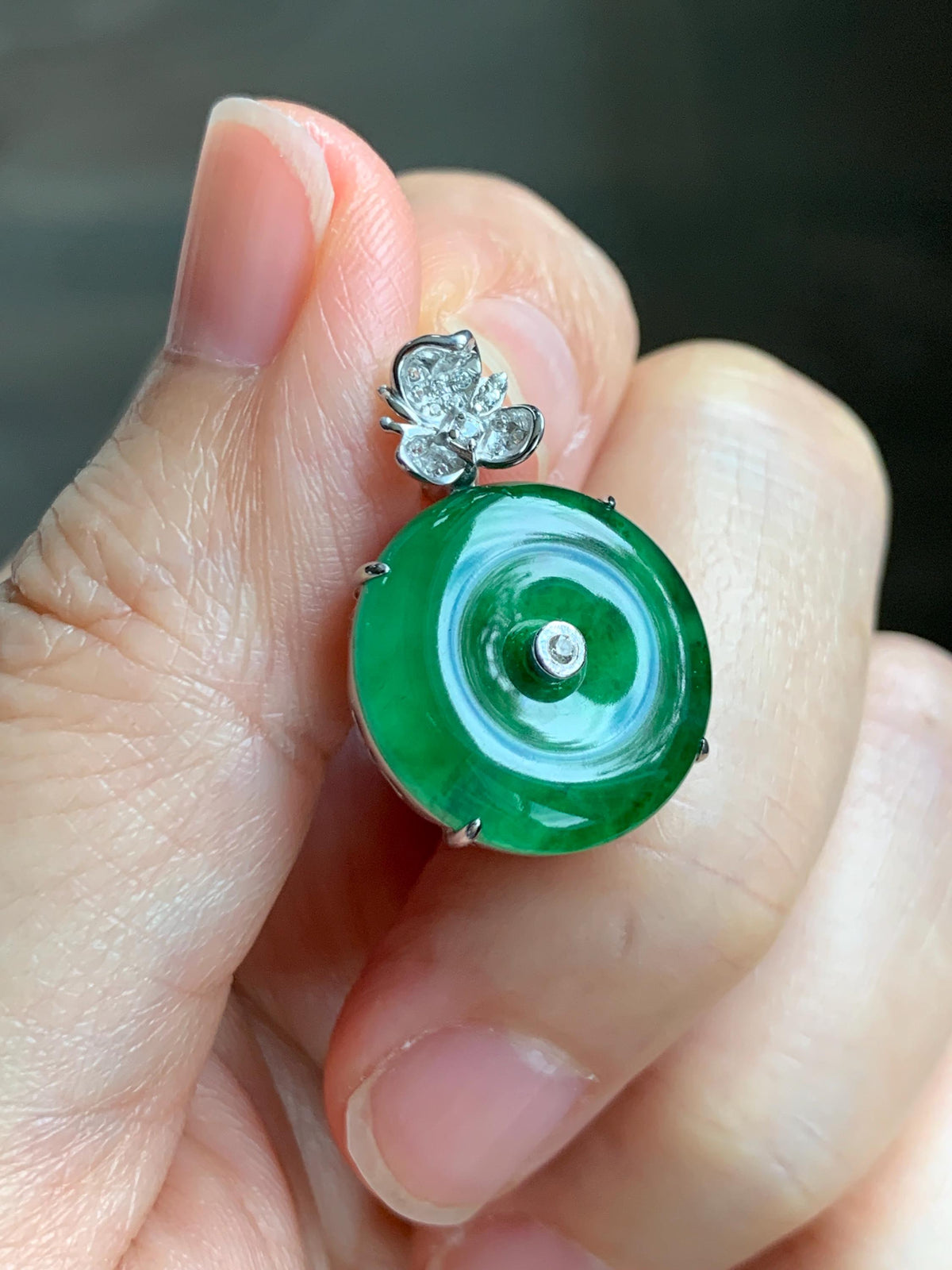 Certified Natural Grade A Guatemalan Icy Translucent Vibrant Green Jade Jadeite Ping An Kou Donut Pendant Sterling Silver 天然冰危绿翡翠平安扣吊坠 1001