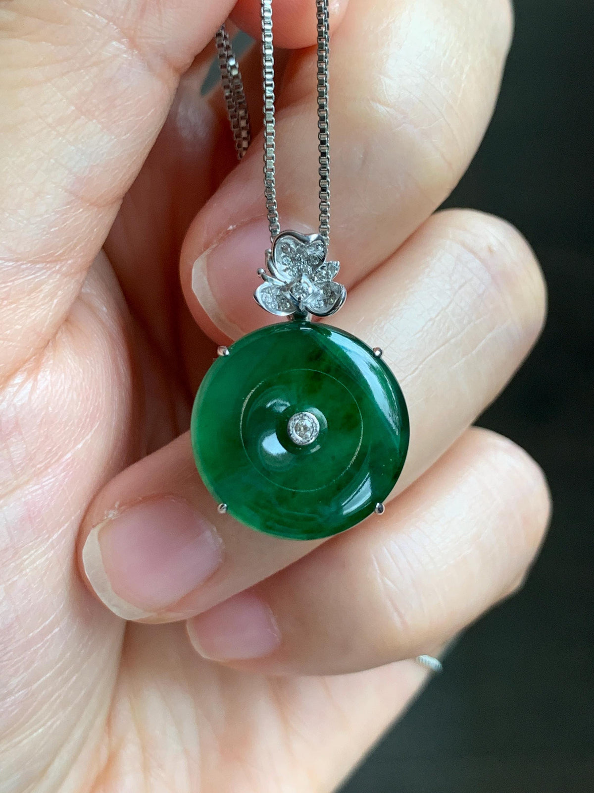 Certified Natural Grade A Guatemalan Icy Translucent Vibrant Green Jade Jadeite Ping An Kou Donut Pendant Sterling Silver 天然冰危绿翡翠平安扣吊坠 1001