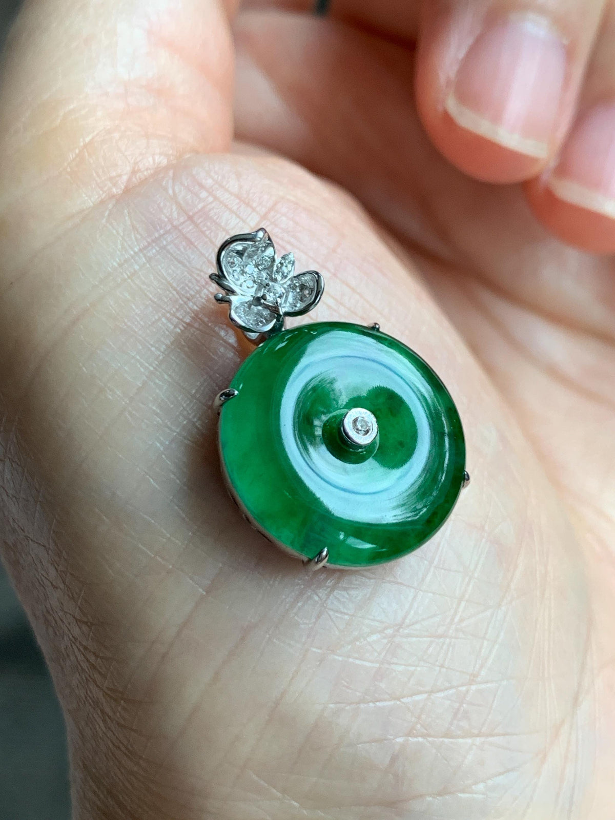 Certified Natural Grade A Guatemalan Icy Translucent Vibrant Green Jade Jadeite Ping An Kou Donut Pendant Sterling Silver 天然冰危绿翡翠平安扣吊坠 1001