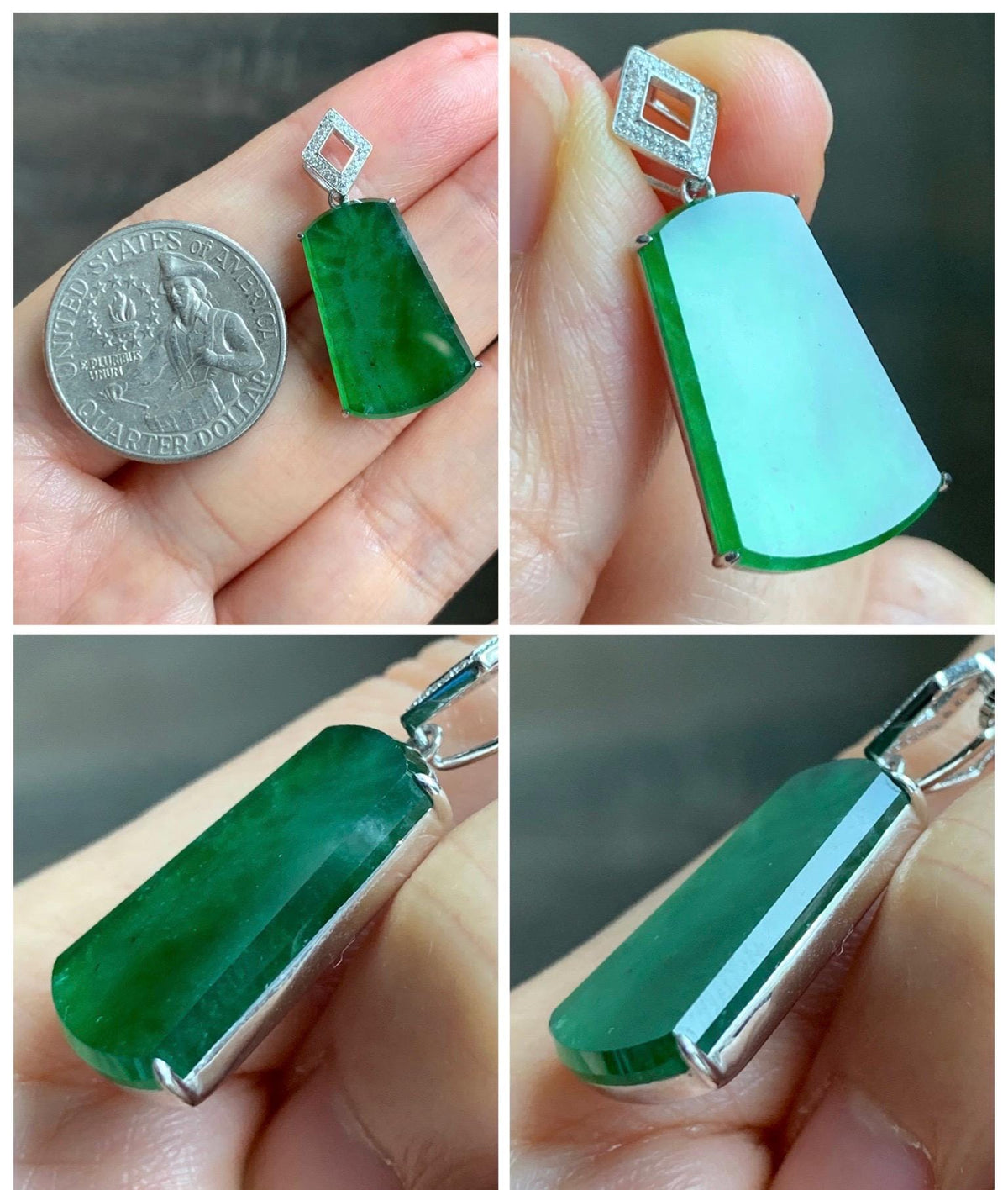 Certified Natural Grade A Guatemalan Icy Translucent Vibrant Green Jade Jadeite Wu Shi Pai Pendant Sterling Silver 3.83g 天然冰危绿翡翠无事牌镶嵌吊坠 1008