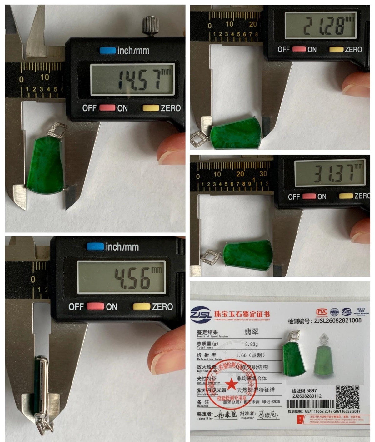 Certified Natural Grade A Guatemalan Icy Translucent Vibrant Green Jade Jadeite Wu Shi Pai Pendant Sterling Silver 3.83g 天然冰危绿翡翠无事牌镶嵌吊坠 1008