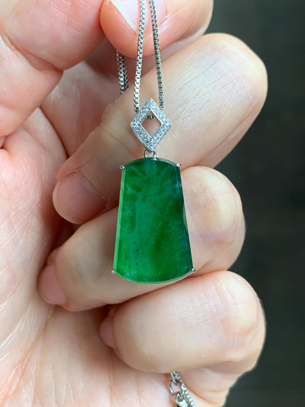 Certified Natural Grade A Guatemalan Icy Translucent Vibrant Green Jade Jadeite Wu Shi Pai Pendant Sterling Silver 3.83g 天然冰危绿翡翠无事牌镶嵌吊坠 1008