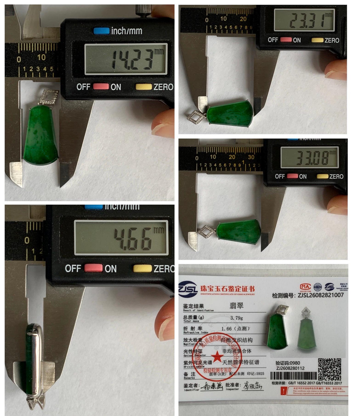 Certified Natural Grade A Guatemalan Icy Translucent Vibrant Green Jade Jadeite Wu Shi Pai Pendant Sterling Silver 3.79g 天然冰危绿翡翠无事牌镶嵌吊坠 1007