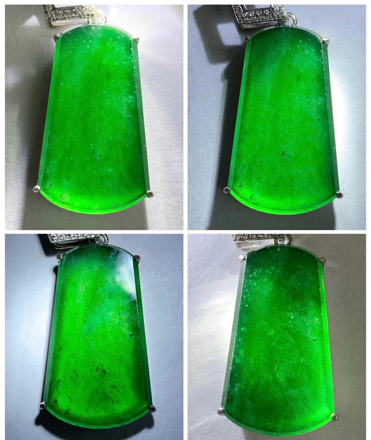 Certified Natural Grade A Guatemalan Icy Translucent Vibrant Green Jade Jadeite Wu Shi Pai Pendant Sterling Silver 3.62g 天然冰危绿翡翠无事牌镶嵌吊坠 1006