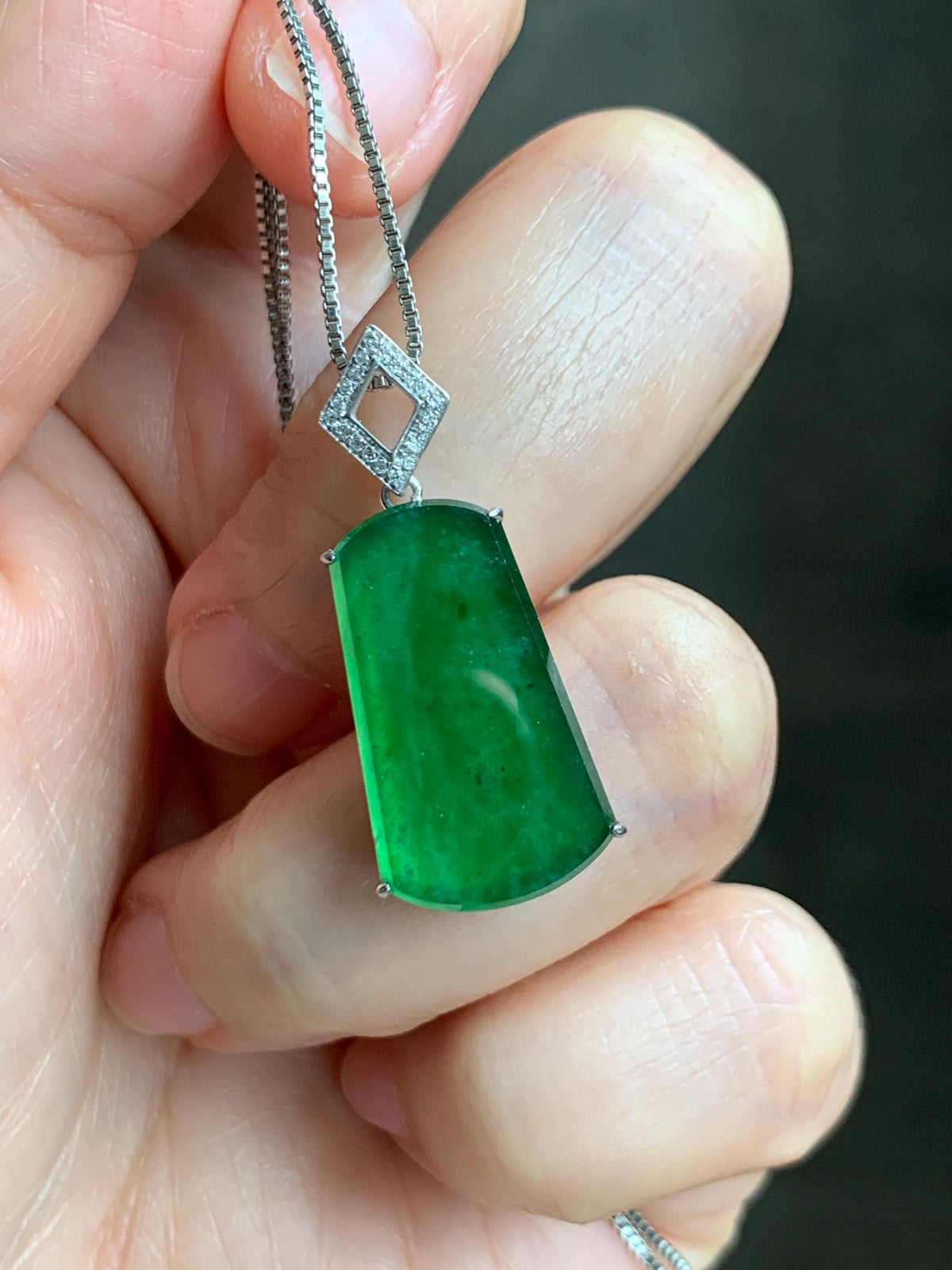Certified Natural Grade A Guatemalan Icy Translucent Vibrant Green Jade Jadeite Wu Shi Pai Pendant Sterling Silver 3.62g 天然冰危绿翡翠无事牌镶嵌吊坠 1006
