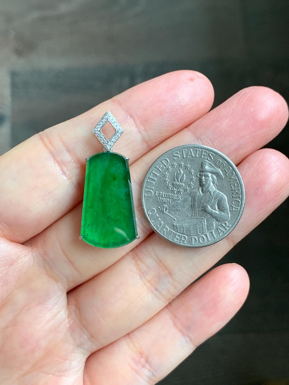 Certified Natural Grade A Guatemalan Icy Translucent Vibrant Green Jade Jadeite Wu Shi Pai Pendant Sterling Silver 3.62g 天然冰危绿翡翠无事牌镶嵌吊坠 1006