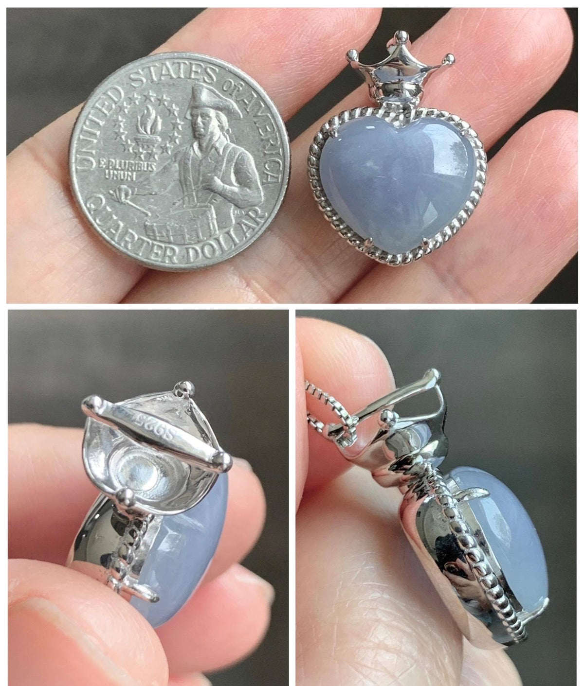 Certified Natural Grade A Icy Translucent Pale Purple Jade Jadeite Heart Pendant Crown Design Sterling Silver 5.73g 天然冰紫底翡翠爱心皇冠镶嵌吊坠 1005