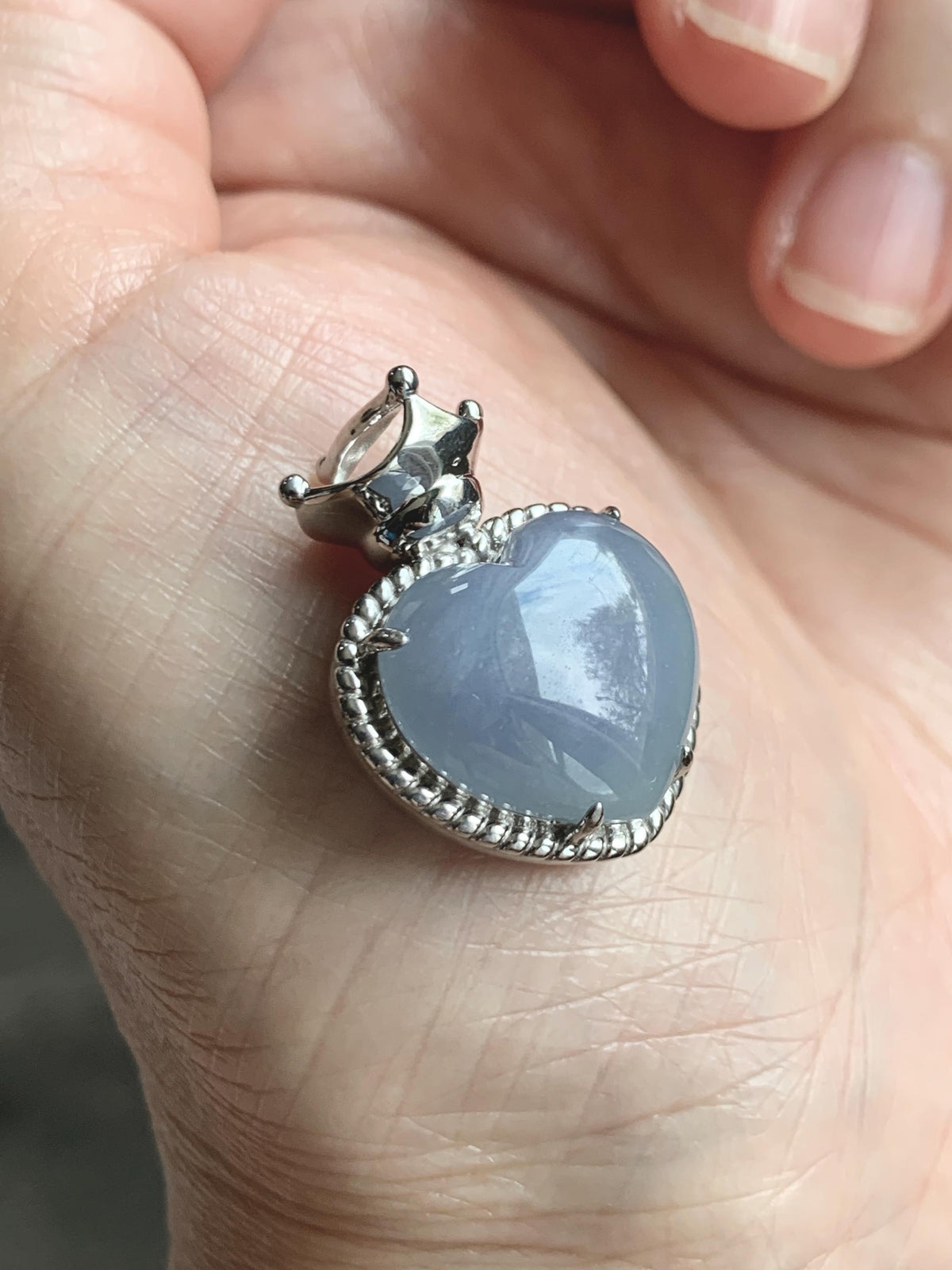 Certified Natural Grade A Icy Translucent Pale Purple Jade Jadeite Heart Pendant Crown Design Sterling Silver 5.73g 天然冰紫底翡翠爱心皇冠镶嵌吊坠 1005