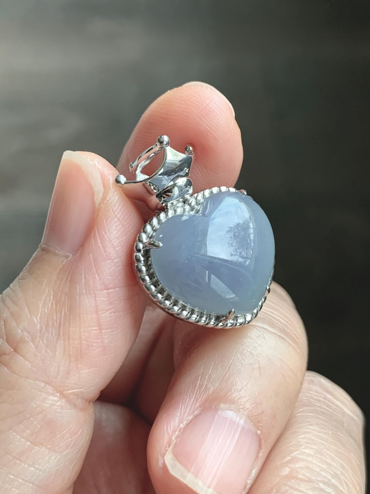 Certified Natural Grade A Icy Translucent Pale Purple Jade Jadeite Heart Pendant Crown Design Sterling Silver 5.73g 天然冰紫底翡翠爱心皇冠镶嵌吊坠 1005