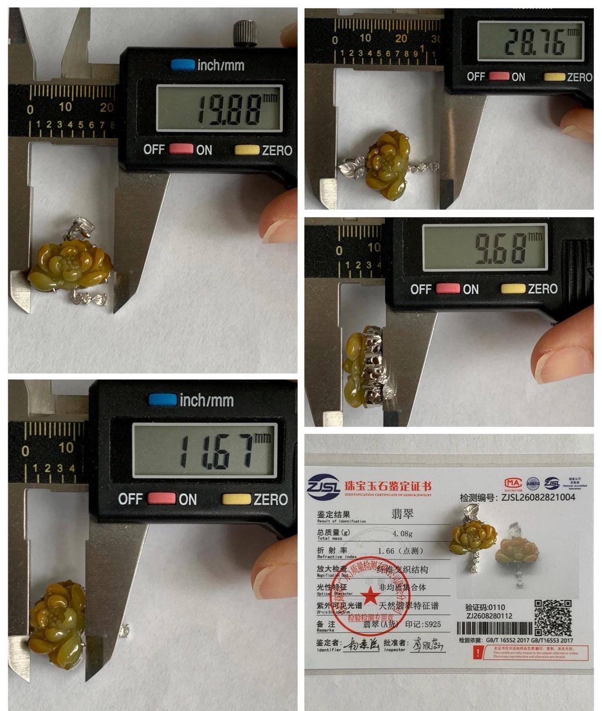 Certified Grade A Natural Guatemalan Icy Intense Yellow Jade Jadeite Lotus Flower Pendant Moissanite Sterling Silver 4g 天然冰危油黄翡翠莲花镶嵌吊坠 1004