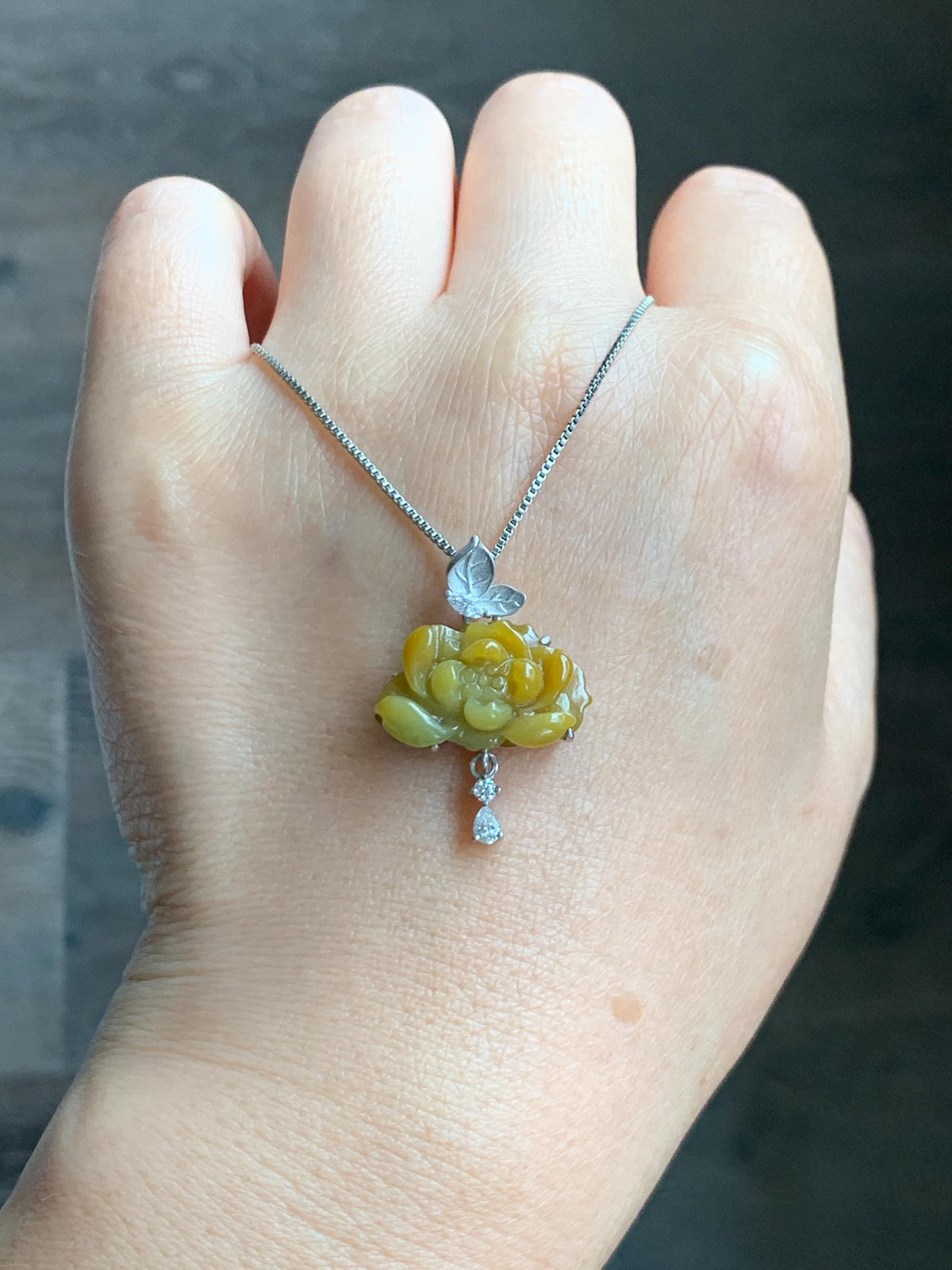Certified Grade A Natural Guatemalan Icy Intense Yellow Jade Jadeite Lotus Flower Pendant Moissanite Sterling Silver 4g 天然冰危油黄翡翠莲花镶嵌吊坠 1004