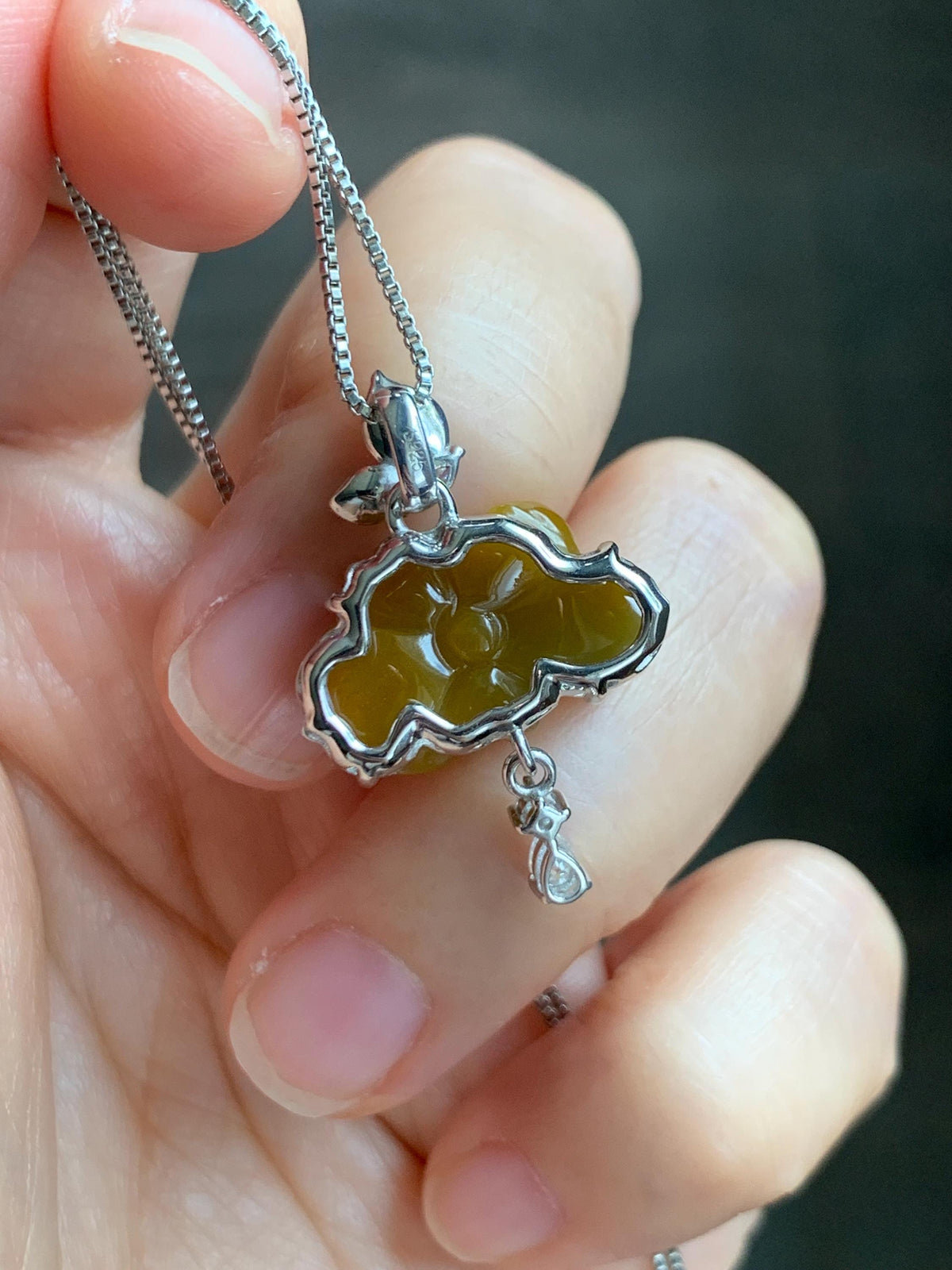 Certified Grade A Natural Guatemalan Icy Intense Yellow Jade Jadeite Lotus Flower Pendant Moissanite Sterling Silver 4g 天然冰危油黄翡翠莲花镶嵌吊坠 1004