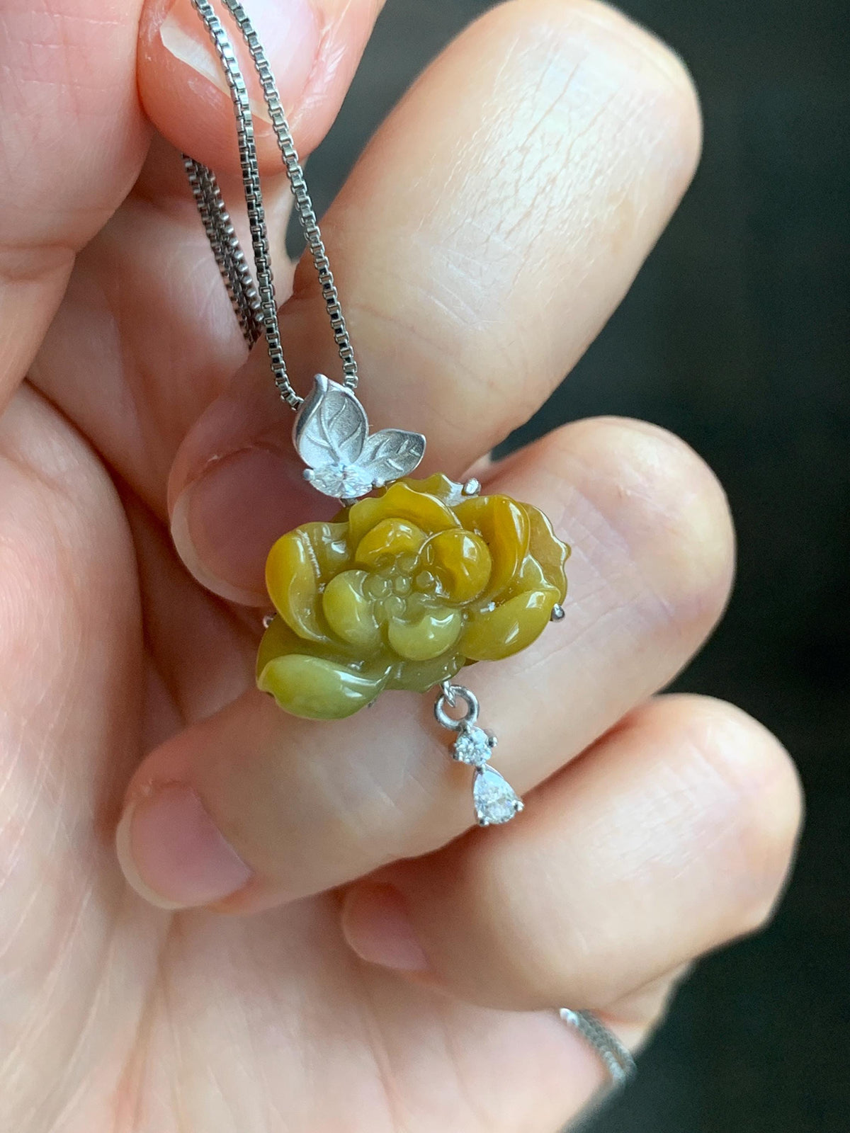 Certified Grade A Natural Guatemalan Icy Intense Yellow Jade Jadeite Lotus Flower Pendant Moissanite Sterling Silver 4g 天然冰危油黄翡翠莲花镶嵌吊坠 1004