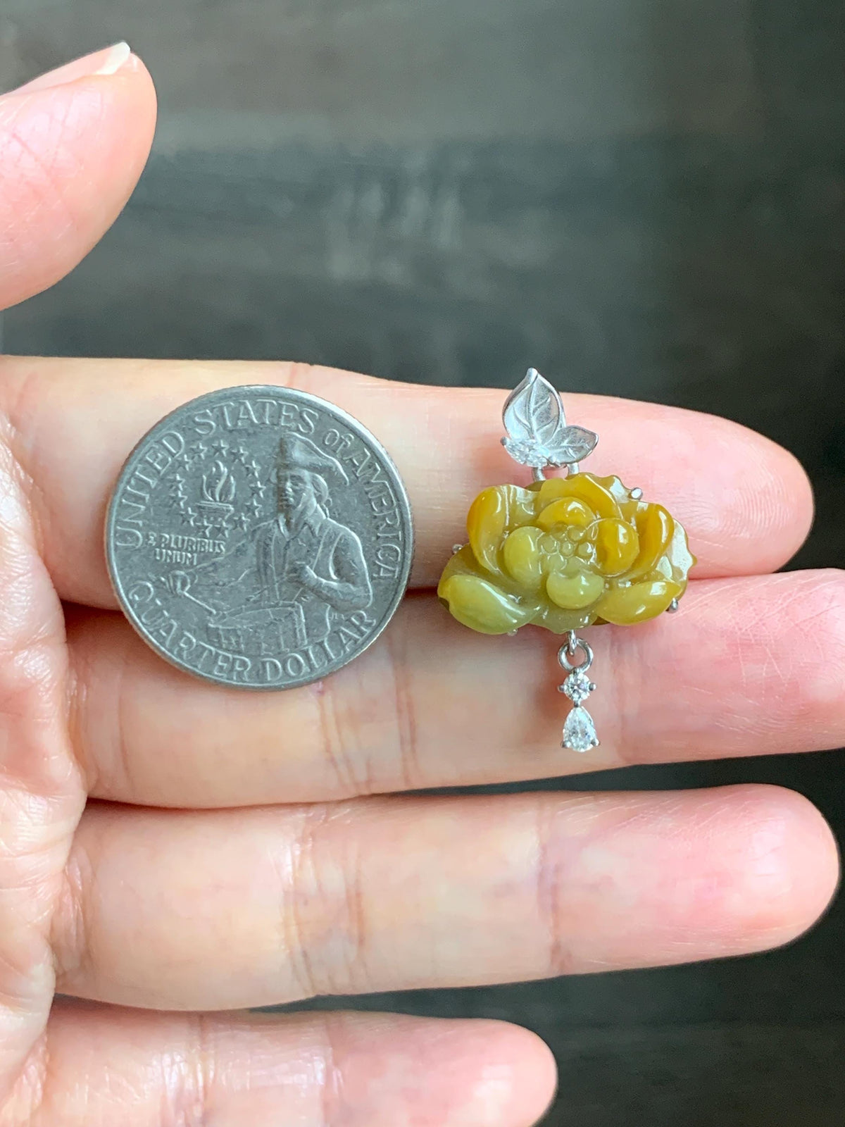 Certified Grade A Natural Guatemalan Icy Intense Yellow Jade Jadeite Lotus Flower Pendant Moissanite Sterling Silver 4g 天然冰危油黄翡翠莲花镶嵌吊坠 1004