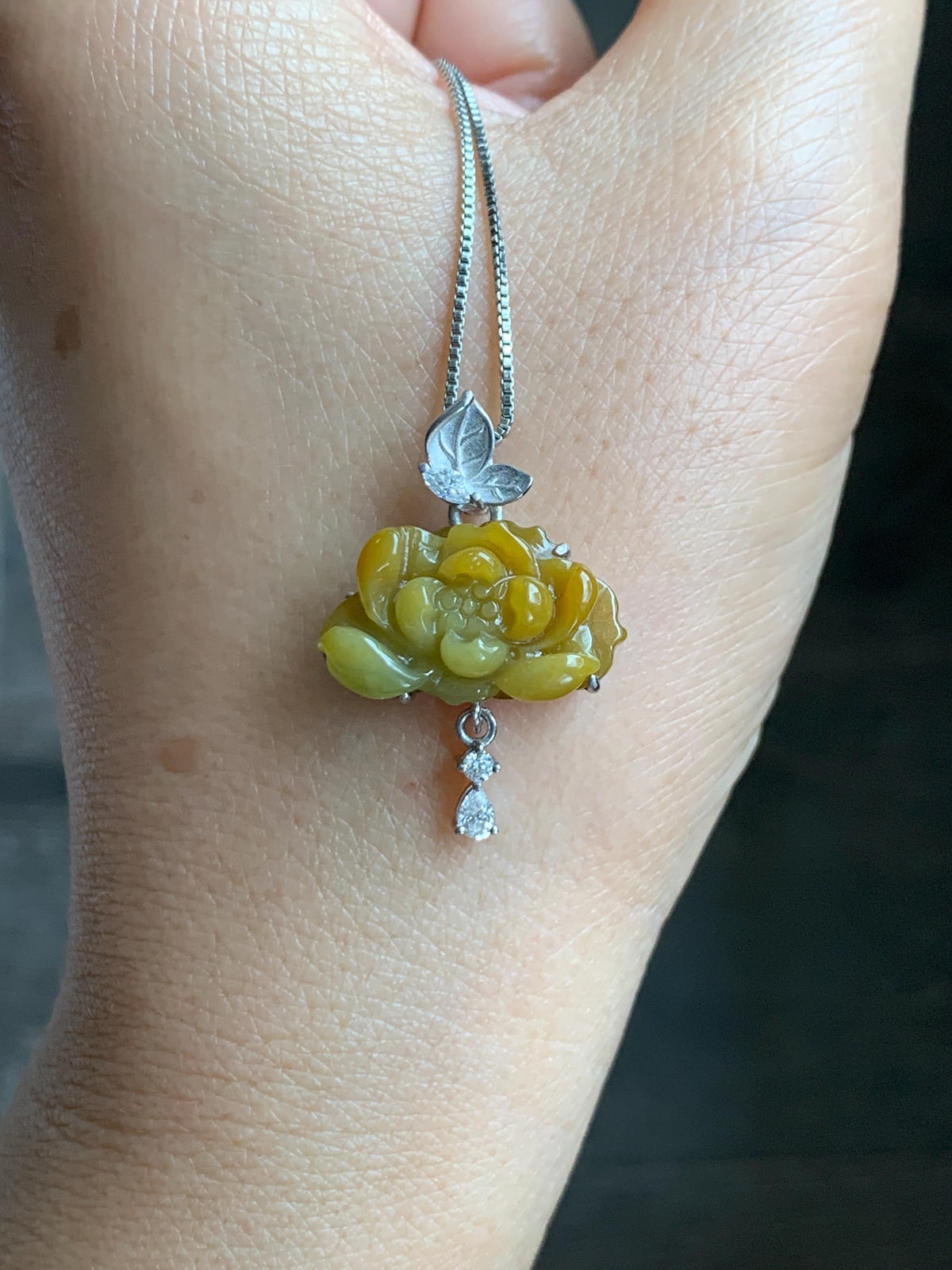 Certified Grade A Natural Guatemalan Icy Intense Yellow Jade Jadeite Lotus Flower Pendant Moissanite Sterling Silver 4g 天然冰危油黄翡翠莲花镶嵌吊坠 1004