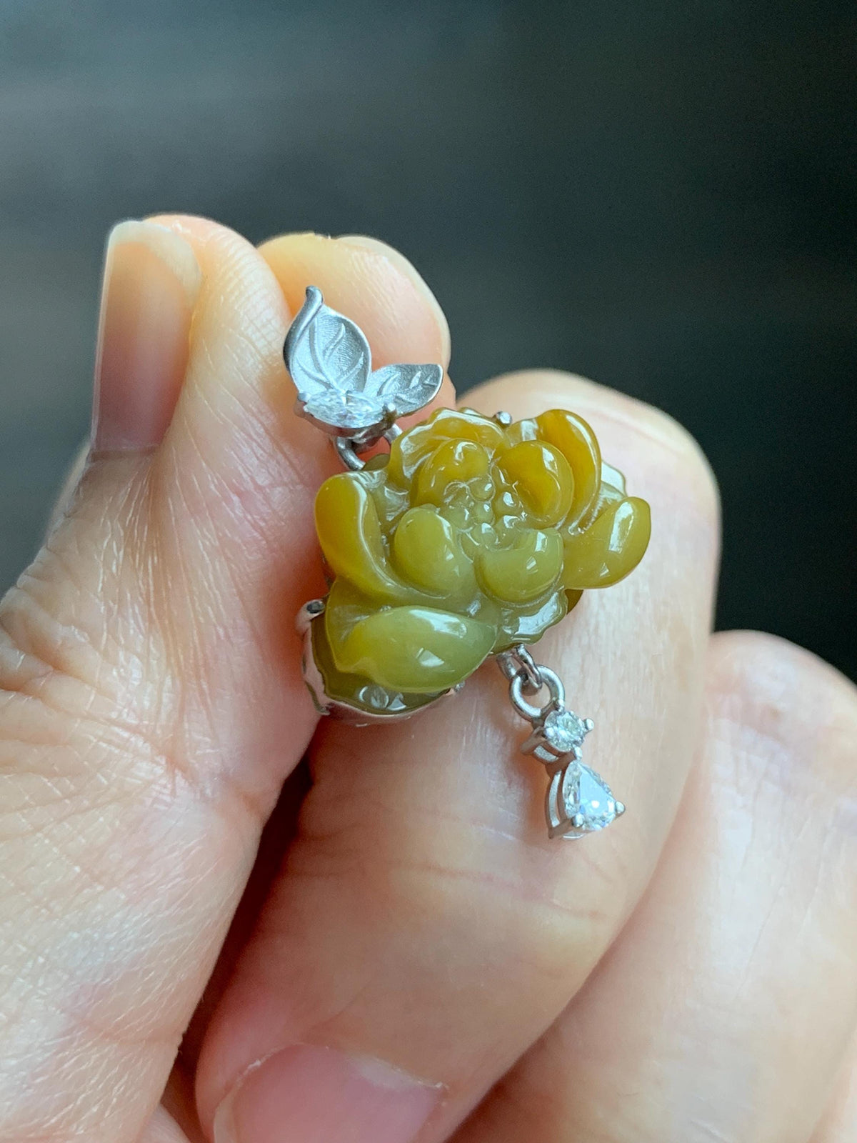 Certified Grade A Natural Guatemalan Icy Intense Yellow Jade Jadeite Lotus Flower Pendant Moissanite Sterling Silver 4g 天然冰危油黄翡翠莲花镶嵌吊坠 1004