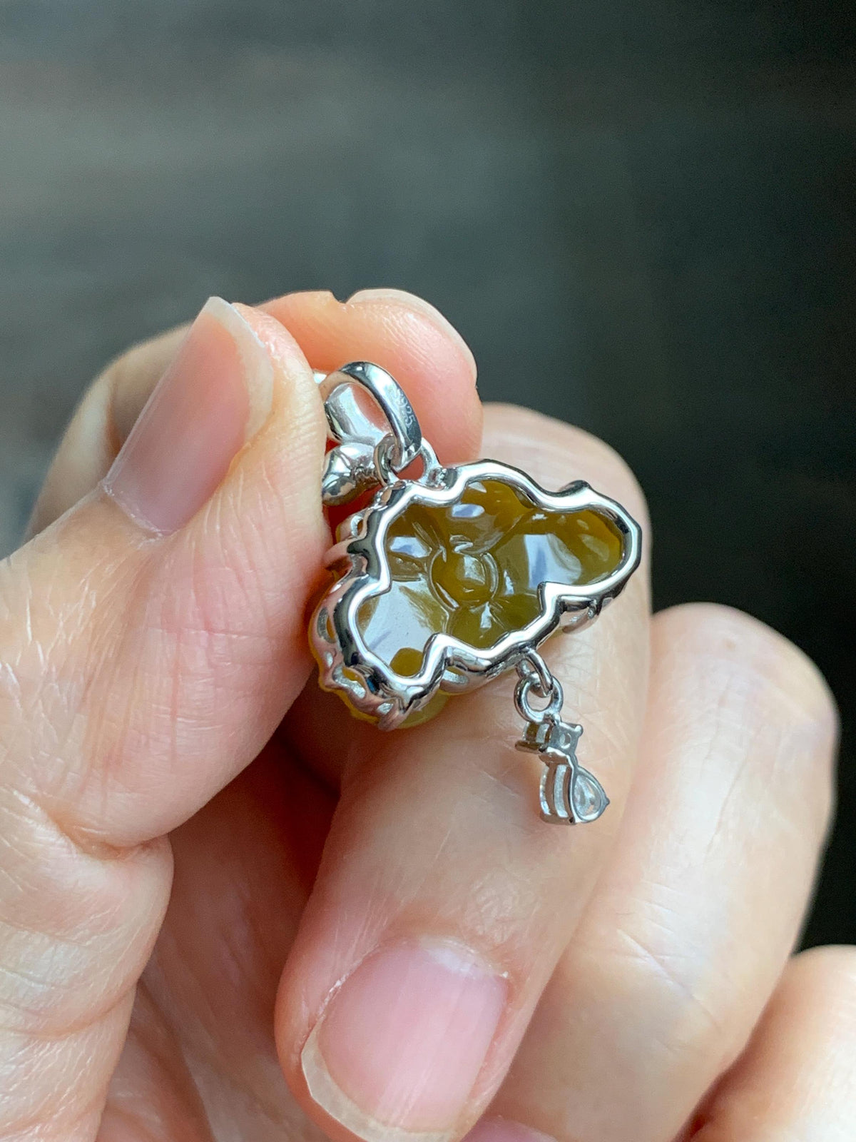 Certified Grade A Natural Guatemalan Icy Intense Yellow Jade Jadeite Lotus Flower Pendant Moissanite Sterling Silver 4g 天然冰危油黄翡翠莲花镶嵌吊坠 1004