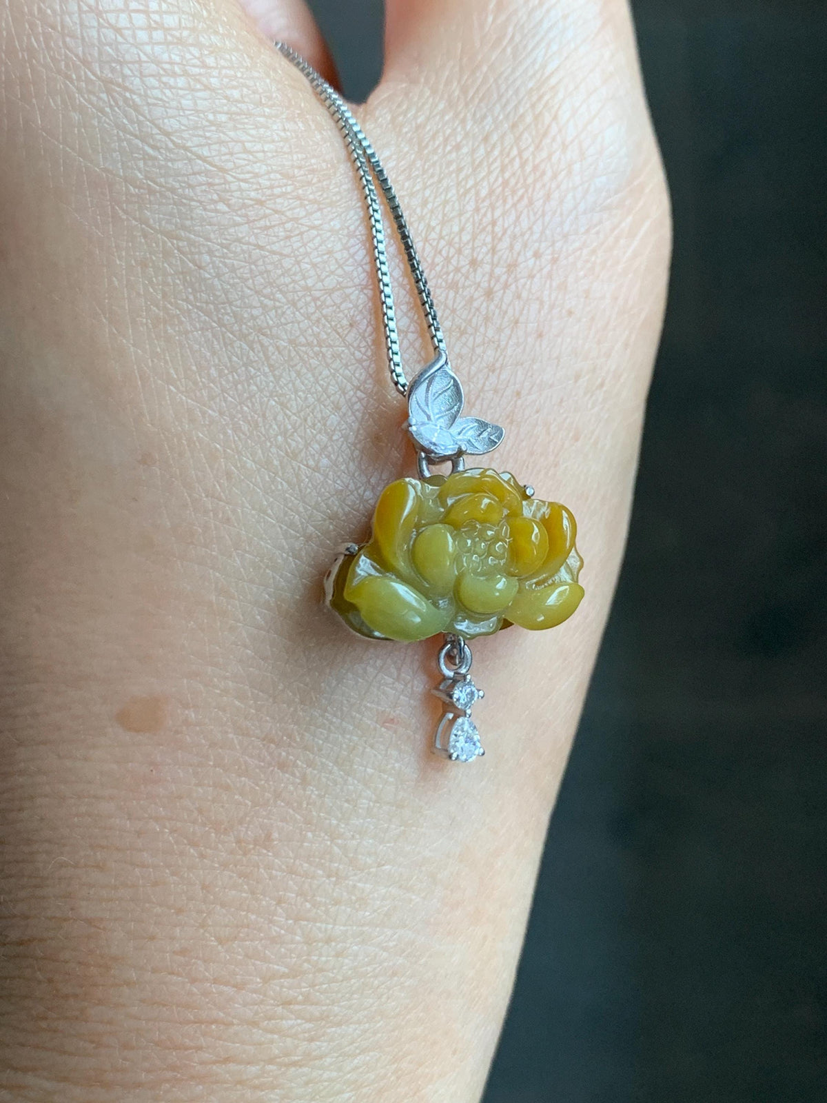 Certified Grade A Natural Guatemalan Icy Intense Yellow Jade Jadeite Lotus Flower Pendant Moissanite Sterling Silver 4g 天然冰危油黄翡翠莲花镶嵌吊坠 1004