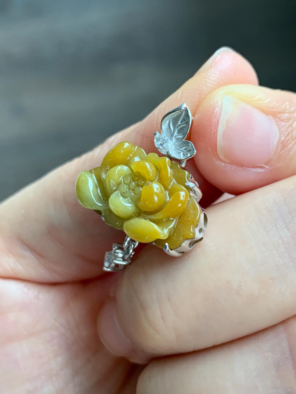 Certified Grade A Natural Guatemalan Icy Intense Yellow Jade Jadeite Lotus Flower Pendant Moissanite Sterling Silver 4g 天然冰危油黄翡翠莲花镶嵌吊坠 1004